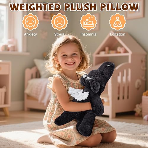 Miniatura 2 de Animal de peluche de dragón de 2.2 libras, suave peluche de dragón negro, peluche gigante de dragón con peso, almohada de cuerpo tapado de dragón