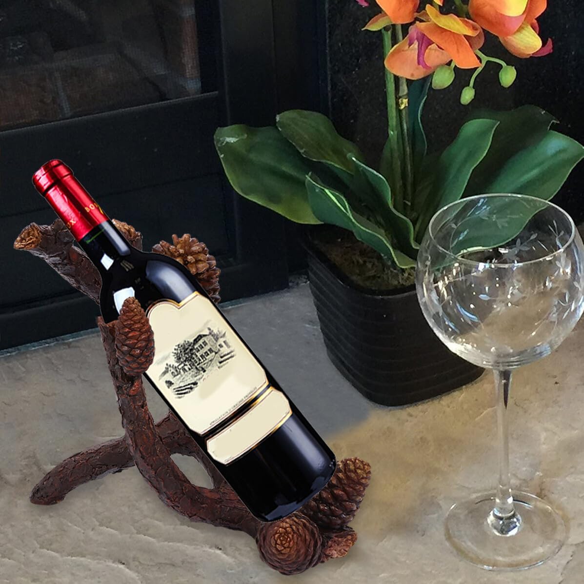 VANZACK Resin Single Bottle Wine Rack Tabletop Holder Creative Pine Boughs Home Decor for Wine Display and