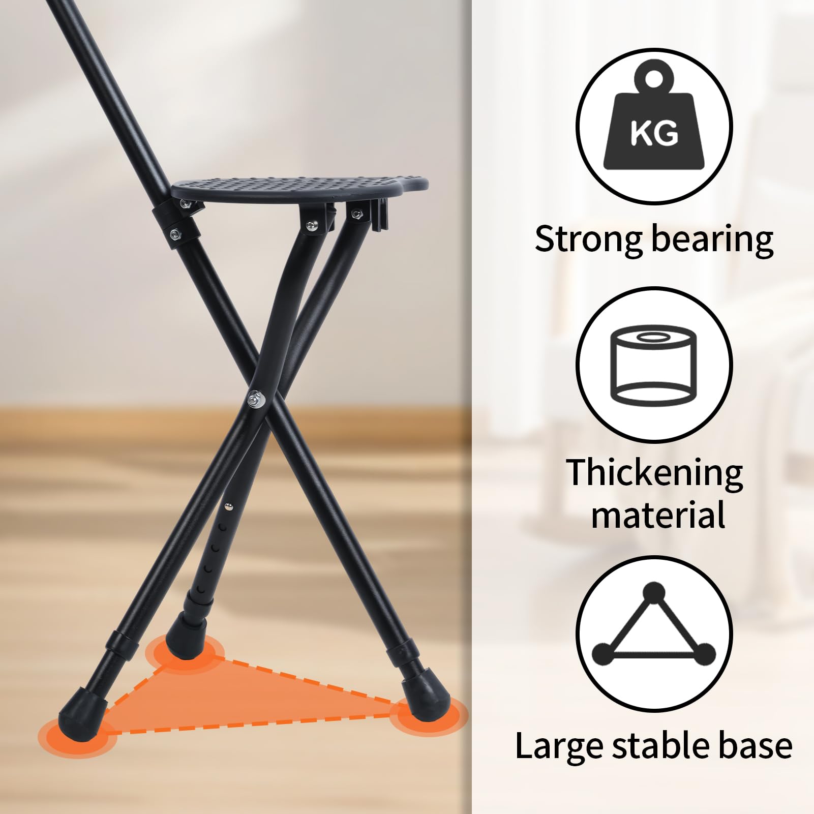 Bastón con asiento, bastón plegable con asiento y luz LED, capacidad ajustable de 440 libras para personas mayores, taburete portátil con muleta con terapia magnética para exteriores