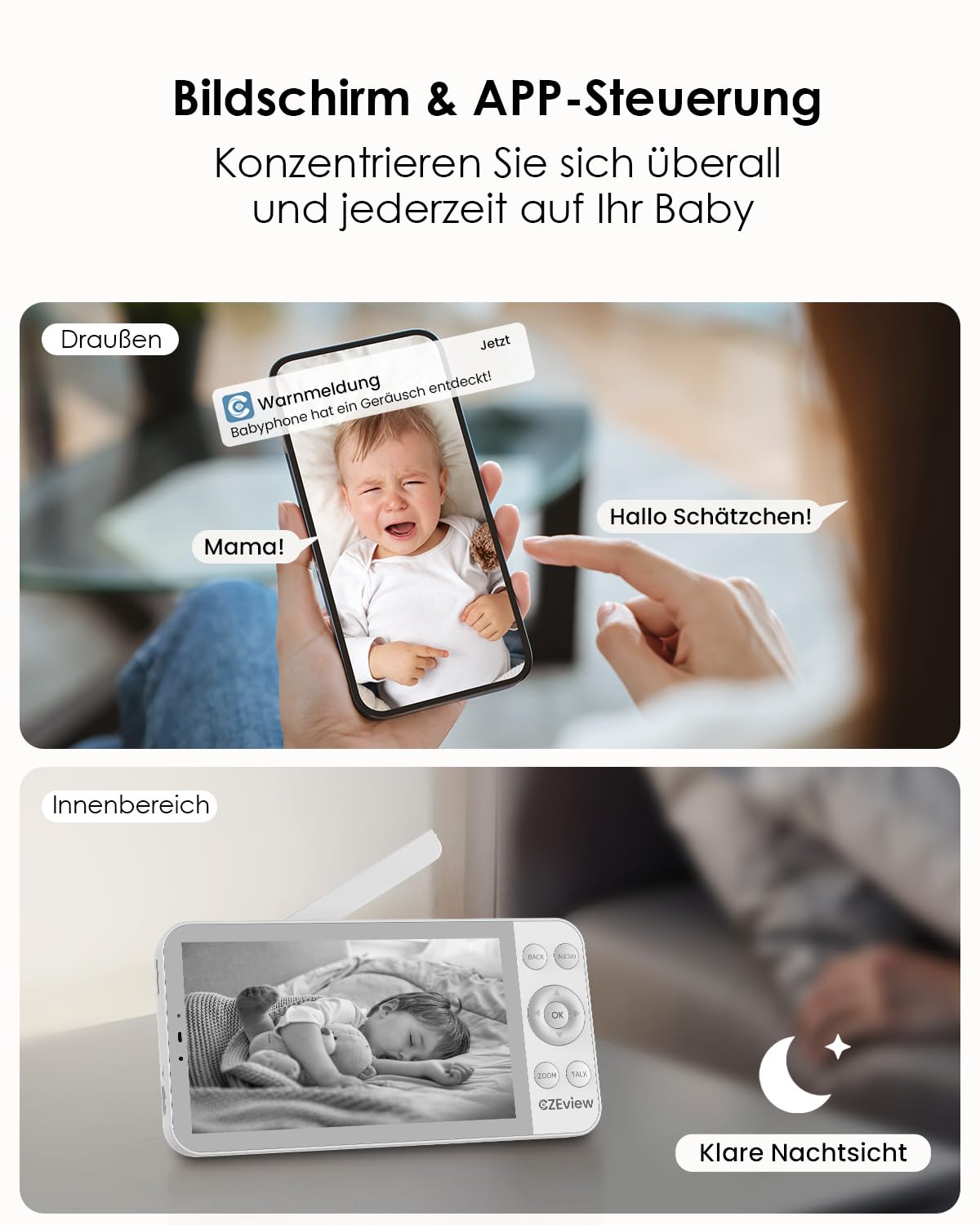CZEview Babyphone mit Kamera 2,5K & 5,5-Zoll-HD-Großbildschirm, Nachtsicht, 360° WLAN Video Babyfon mit App, Musik & Buntes Nachtlicht, Intelligente Erkennung (Weiß (2 Artikel))