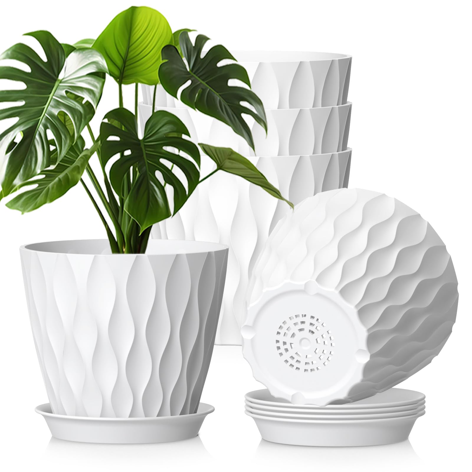 WSMKSZ 20 cm Plant Pots Indoor Outdoor Plants, 5 Pack Thick Plastic Flower Pots with Drainage Holes & Saucers, 3D Modern Wave Texture, Medium Decorative Planter Pots for Monstera, Geranium, White