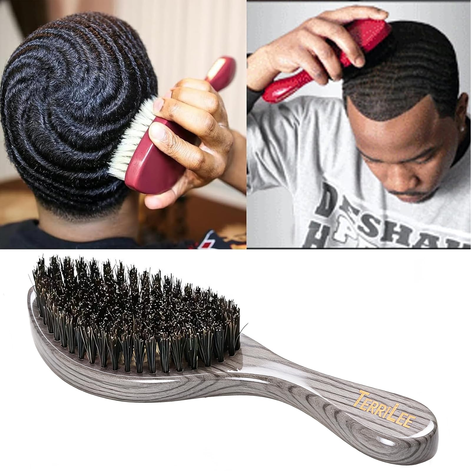 Premium Griff Wellenbürste für Männer 360 – mittelhart gebogene 360 Wellen-Haarbürsten – Hergestellt aus Naturbuche & Nylon-Wildschweinborsten Herrenhaarbürste für schwarze Männer 360 (grauer langer