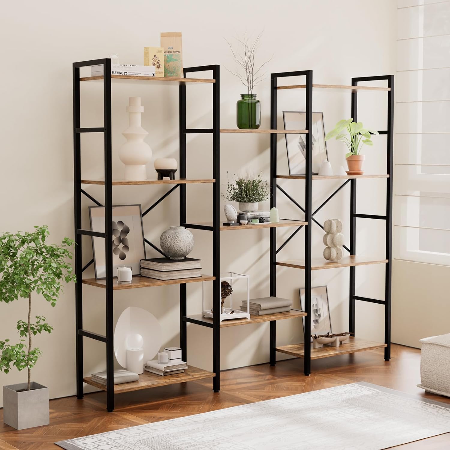 Triple 4 Tier Book Shelf, Modern Bookcase Shelf, Freestanding Large Display Shelves for Living Room/Office/Garage, Stable Large Bookshelf with Storage for Books/Lego/Plants, Rustic Brown