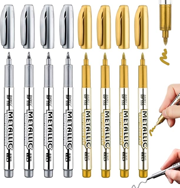 Ruucy 8 Pcs Sliver Gold Metallic Marker Pens, Metallic Permanent Pens Fabric Pens, Gold and Sliver Paint Pens for Signature Cards Writing DIY Crafts Photo Album Scrapbook Crafts 1.5 mm