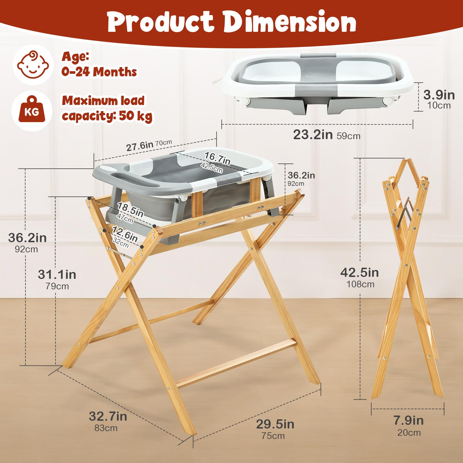 Bañera para bebés FUNLIO con soporte, bañera plegable y soporte de madera plegable para bebés de 0 a 24 meses, soporte seguro de 8 puntos, capacidad de 50 kg — Ergonómica y cómoda para la espalda