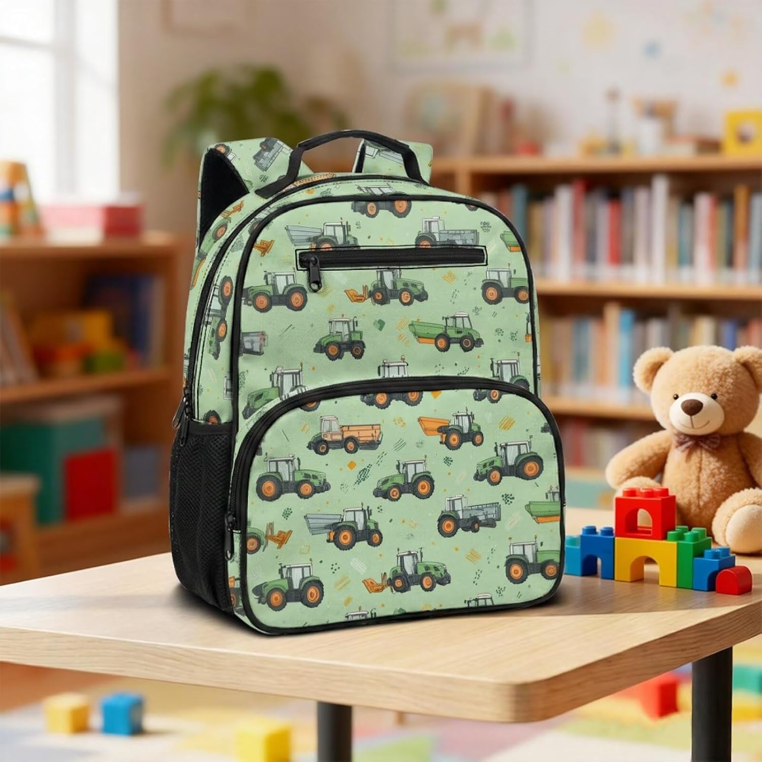 Farm Tractor Preschool Backpack 13.5" – Fits Toddlers Ages 3-5 Main Compartment for A4 Notebooks, 2 Side Pockets Hold 14oz Water Bottles. Breathable Mesh Back Panel