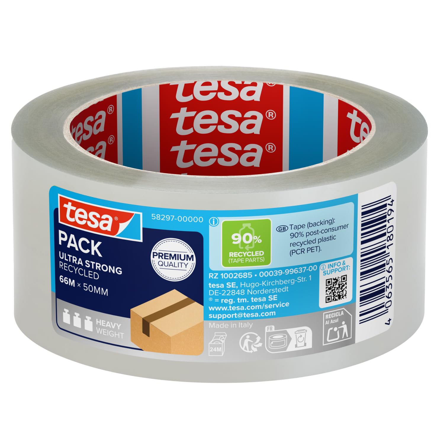 tesapack ULTRA STRONG RECYCLED - cinta de embalaje transparente (90% plástico reciclado), muy resistente al desgarro, para paquetes pesados, 66 m x 50 mm