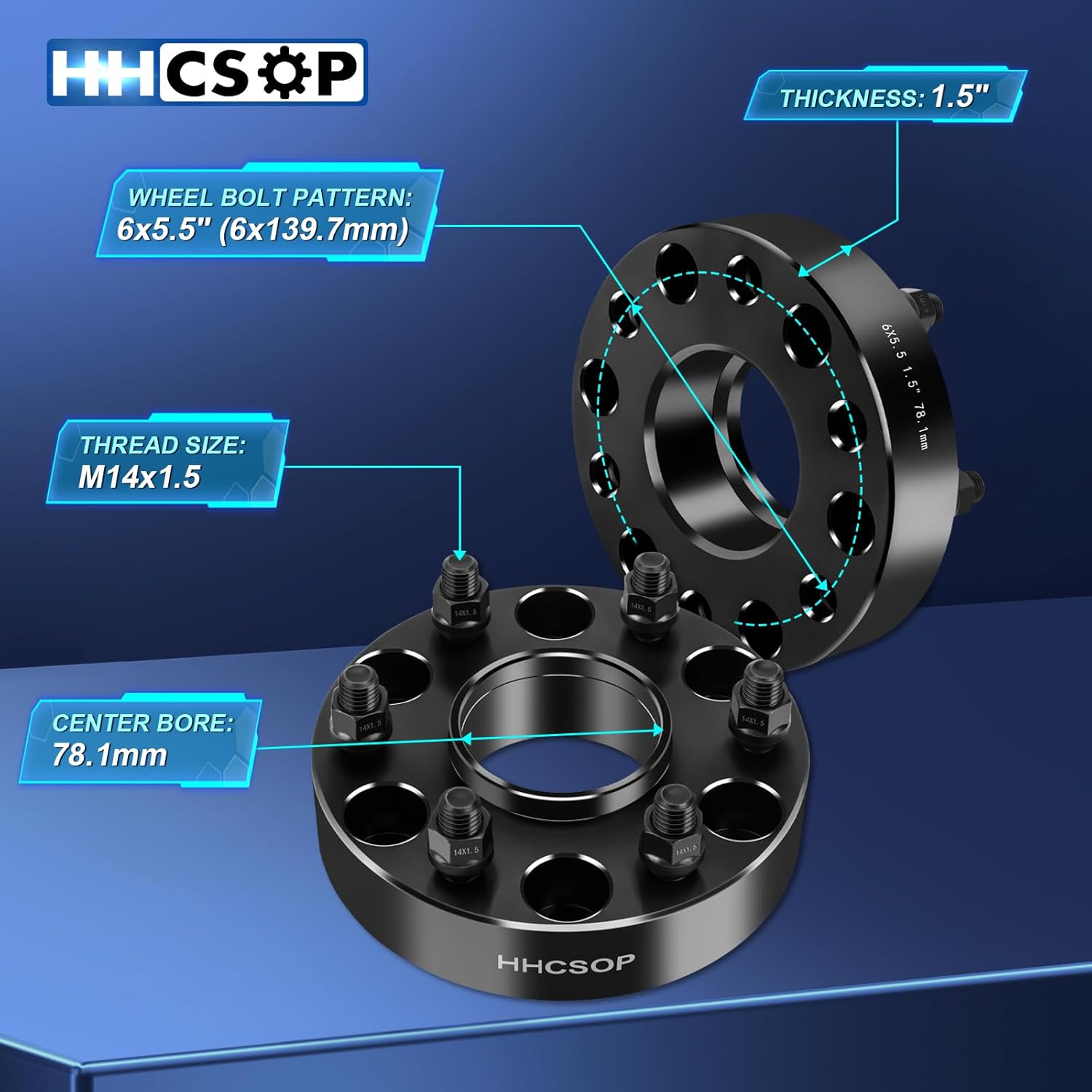 HHCSOP 6x5.5 Wheel Spacers for Chevy GMC, 1.5" 6x139.7mm Wheel Adapters 78.1mm Bore 14x1.5 Studs for Silverado Tahoe Avalanche Suburban Express Sierra Yukon Savana Escalade