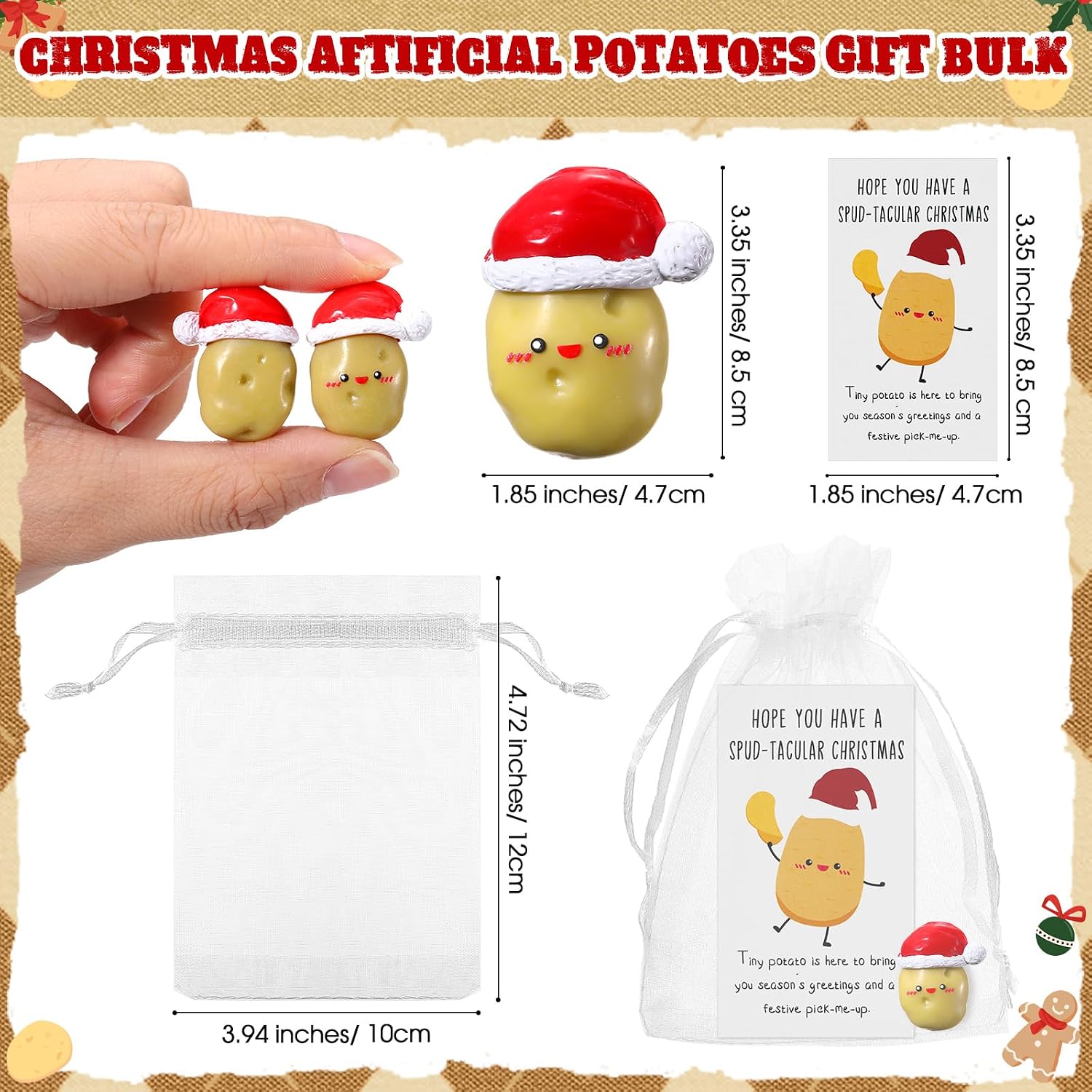 Huwena 25 Sets Christmas Mini Potato Gift Bulk Cute Realistic Potato with Xmas Hat Funny Inspirational Card Organza Bag Christmas Party Favors for Team Coworker Employees Teacher