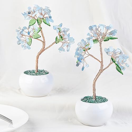 Miniatura 4 de mookaitedecor Árbol de dinero de cristal aguamarina con base de cerámica, adorno de árbol bonsái Feng Shui para decoración de oficina y hogar, 6.5-7