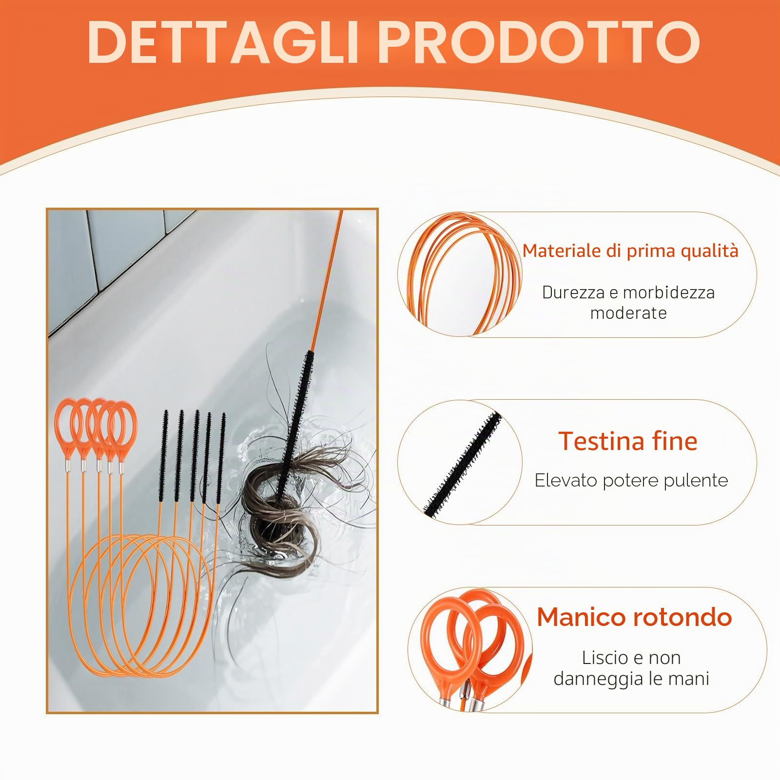 Set da 7 Stura Lavandini e Scarichi, Strumento di Rimozione dei Capelli a Serpente da 76 cm + Spazzola Per Pulizia Flessibili da 150 cm Pulitore per Lavandini, Docce, Vasche e Tubi