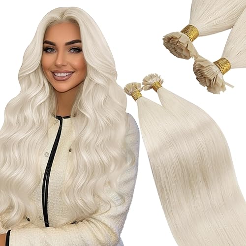 Ugeat Flat Tip Hair Extensions Real Human Hair Platinum Blonde Ktip Human Hair Extensions Platinum Blonde for Women #60 Invisible and Long Lasting Hot Fusion for Daily 16 Inch 50S 50G