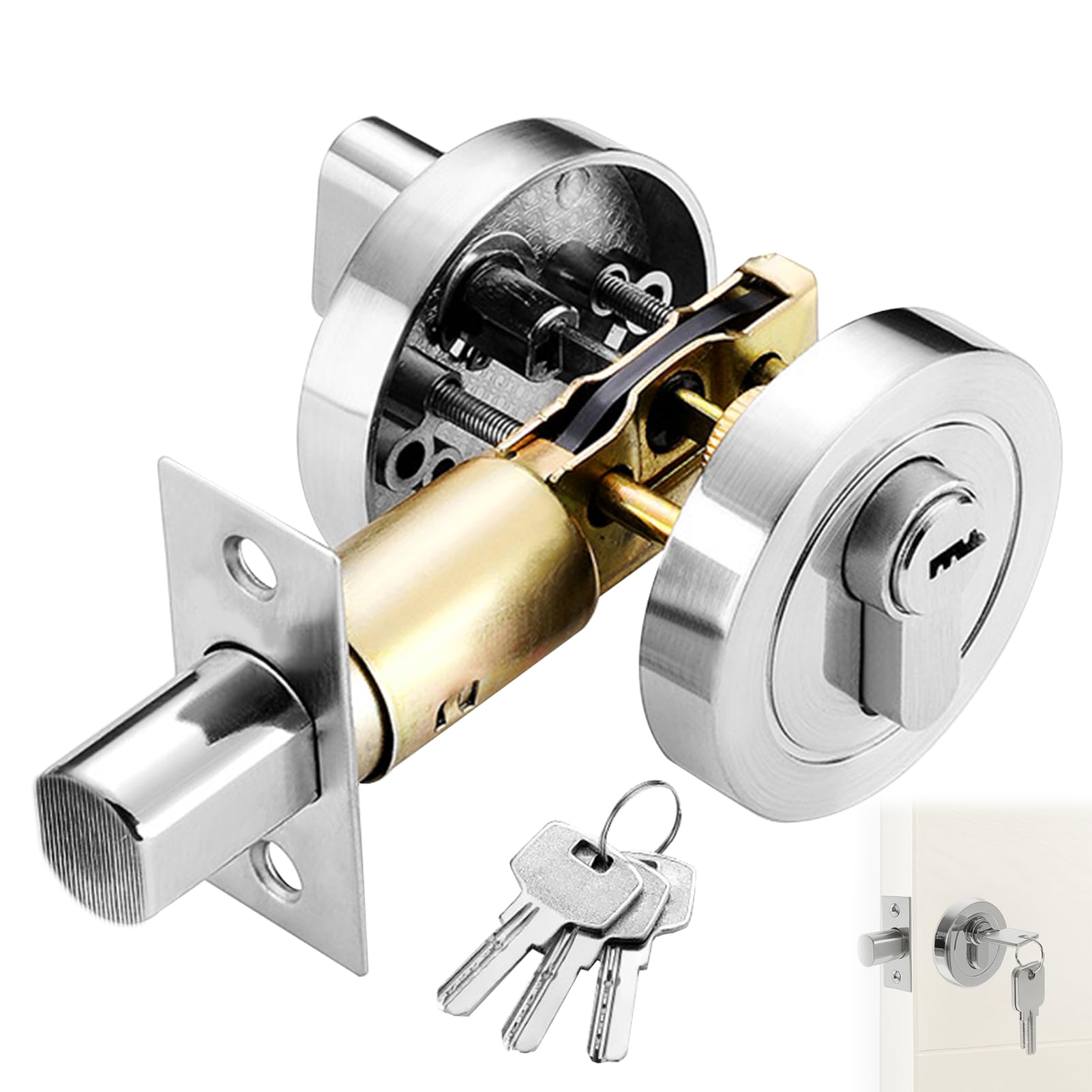 Deadbolt Door Lock, Round Internal Door Lock with Key, Dead Bolts for Internal Doors, 35-50mm Zinc Alloy Security Gate Locks for Bedroom, Entrance Passage (Silver)