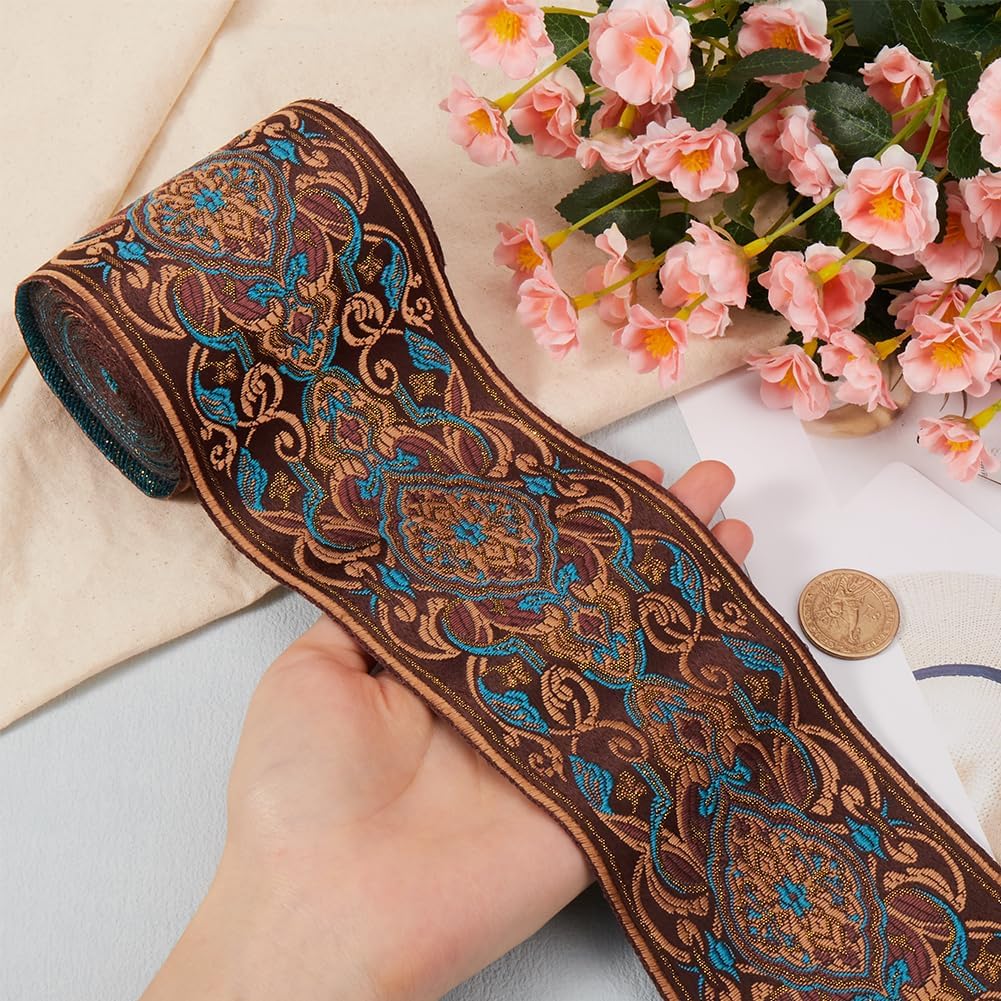 GORGECRAFT 5.5 Yard 3.5 Inch Boho Jacquard Ribbon Deep Sky Blue Polyester Wide Vintage Embroidery Lace Trim Roll Ethnic Woven Floral Fabric Trim for Sewing Clothing Handmade Bag Gift Christmas Decor