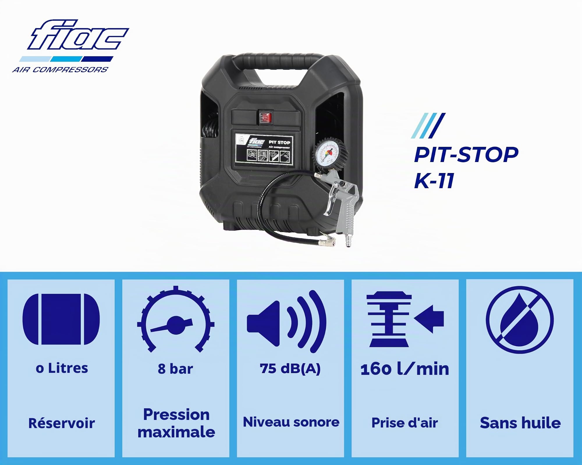 FIAC Pit-Stop Compresseur d'Air Portable, Compresseur d'Air Sans Huile avec Tuyau Flexible, Pistolet de Gonflage avec Manomètre et 6 Buses, Pression Max. 8 Bar, Puissance 1.5 CV