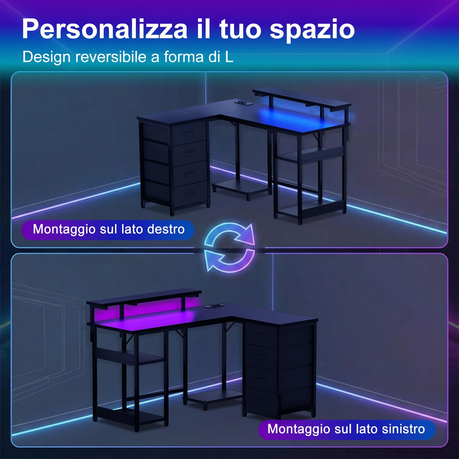 JUMMICO Scrivania Angolare a Forma di L 135 cm con Luci LED, Scrivania per Computer Ufficio Casa, Tavolo da Gaming con Ripiani Portaoggetti, Struttura Stabile e Design Reversibile, Nero