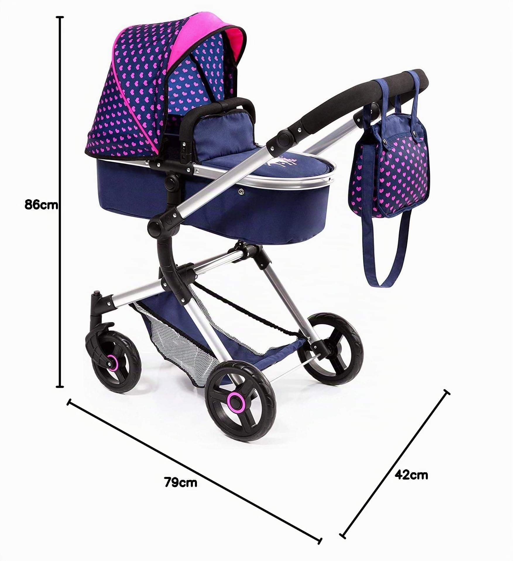 Bayer Design 18454AA Carrozzina per bambole Neo Vario con borsa fasciatoio e cestino per la spesa, trasformabile in auto sportiva, regolabile in altezza, moderna, blu con motivo unicorno e cuore