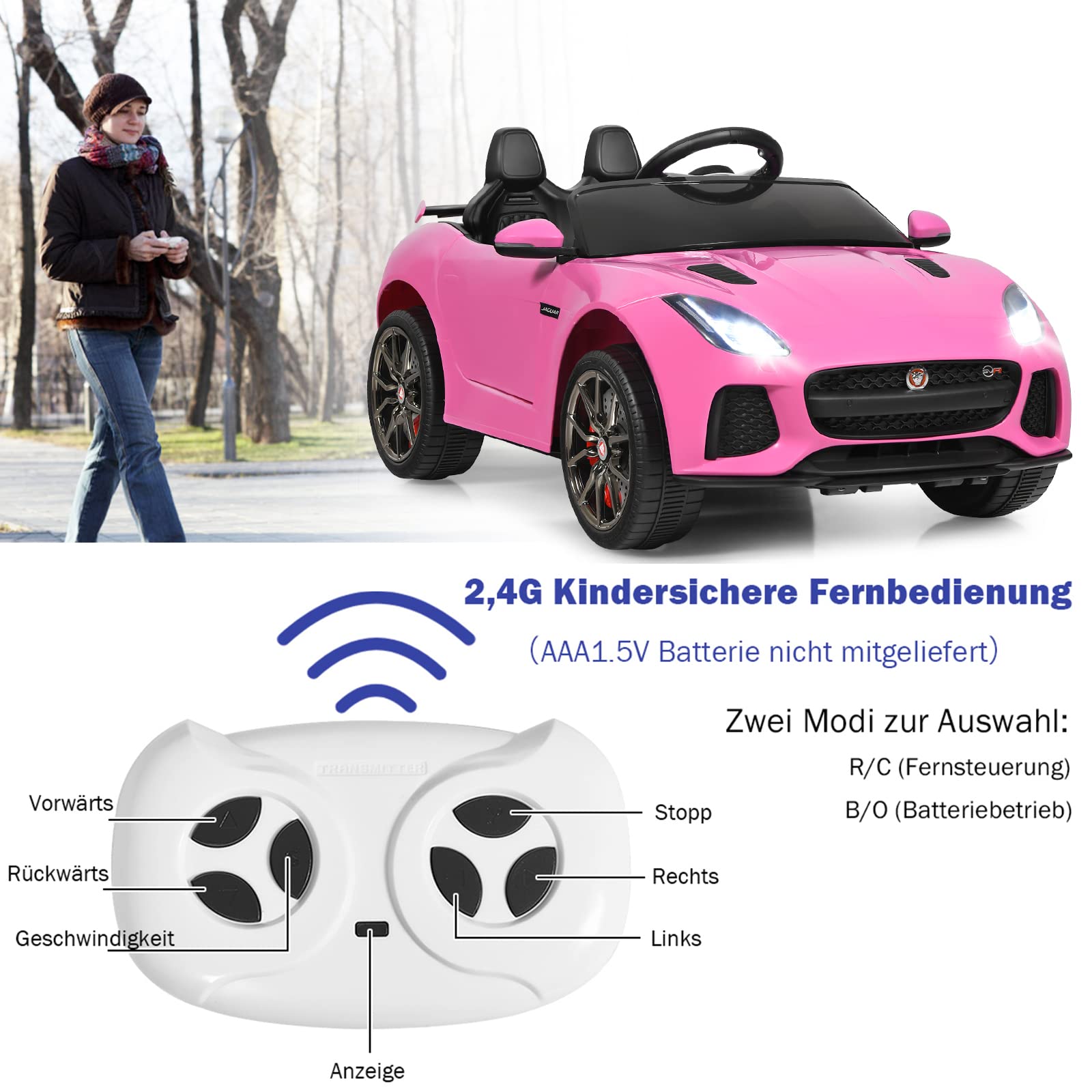 COSTWAY Jaguar Elektro Kinderauto mit Geschichten & Musik & Hupe & Scheinwerfer, 12V Kinderfahrzeug mit 2,4G Fernbedienung, Elektroauto 3-5km/h für Kinder ab 3 Jahre (Rosa)