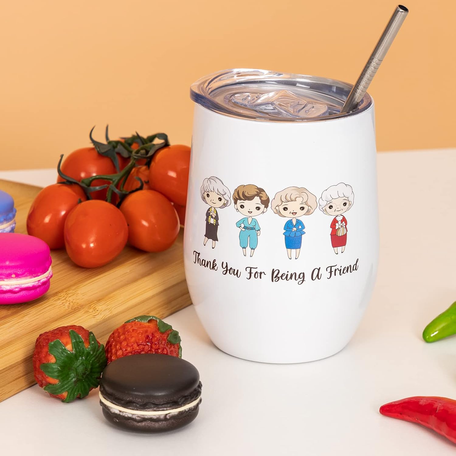 Golden Girls TV Show Merchandise Keepsake, Birthday/Housewarming Tumbler Gifts for Fans//Women/Friends, Stainless Steel Stemless Wine Cup with Lid, 12oz, White - Image 2