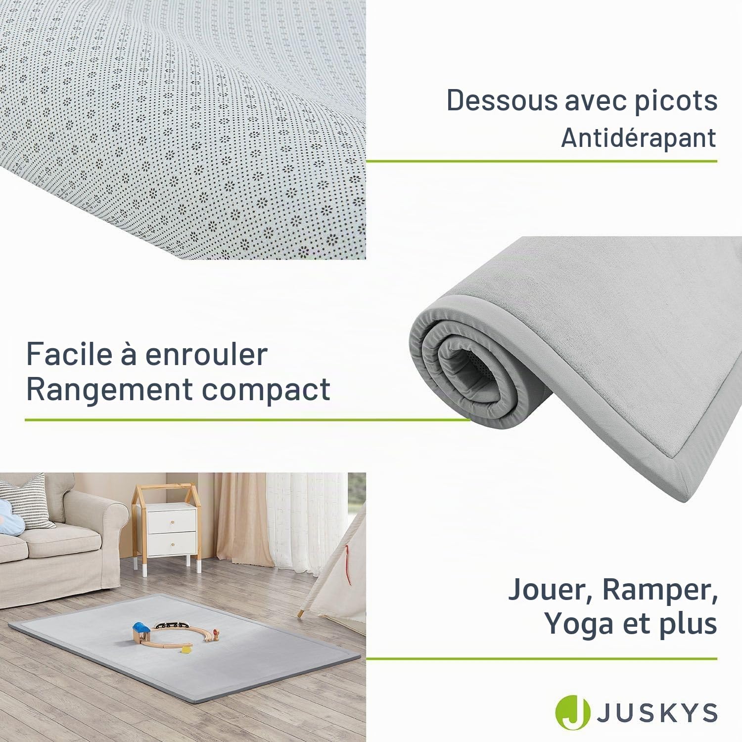 Juskys Tapis d'éveil et de jeu, Couverture d'éveil 180 x 120 cm, Tapis en Velours pour Enfant, Bébé et Yoga - Tapis antidérapant et Doux, Gris