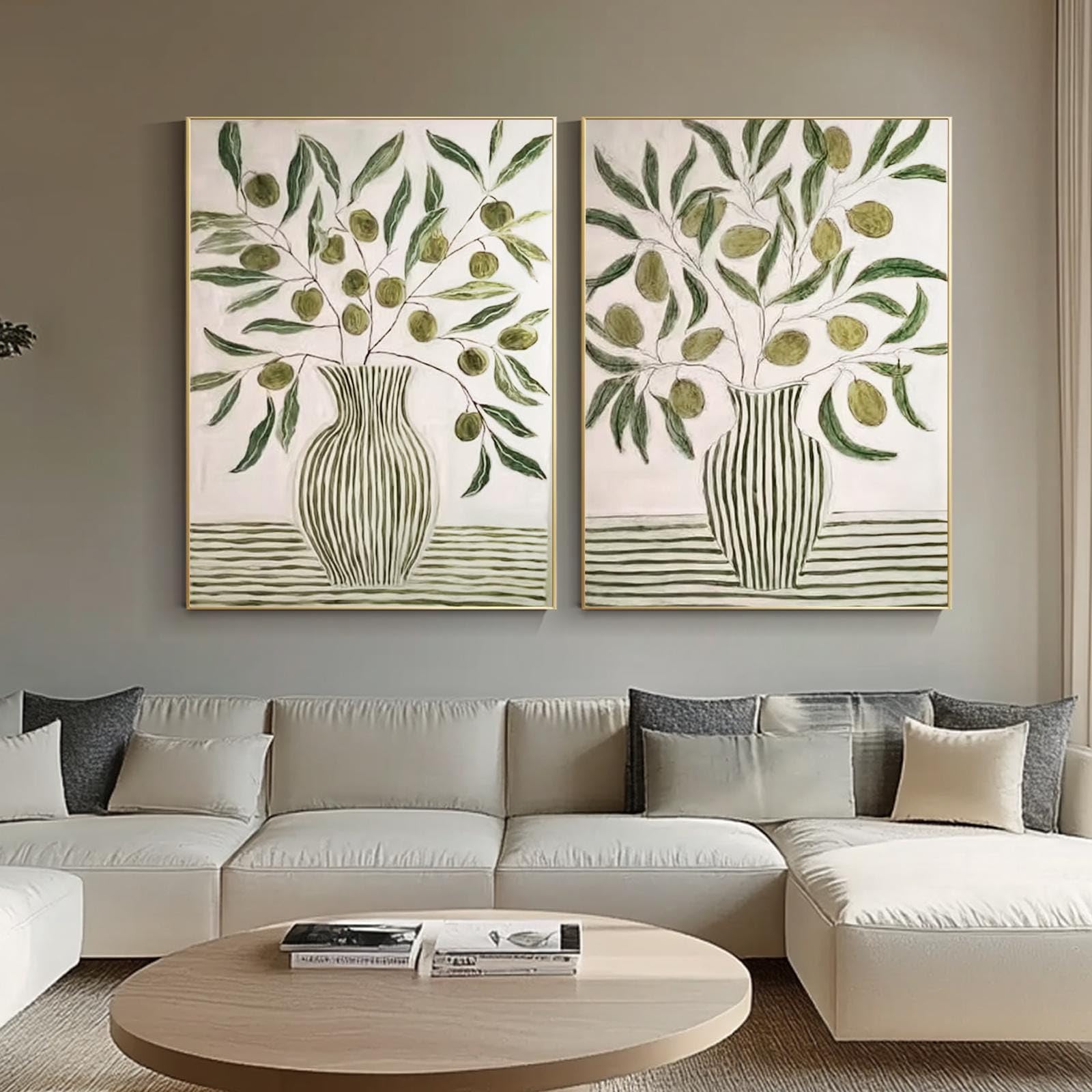 CAOXTART Vintage Olive Branch Oil Painting Set, Botanical Vase Wall Art Neutral Mediterranean Posters and Prints Home Decor(50x70cmx2/Frameless)
