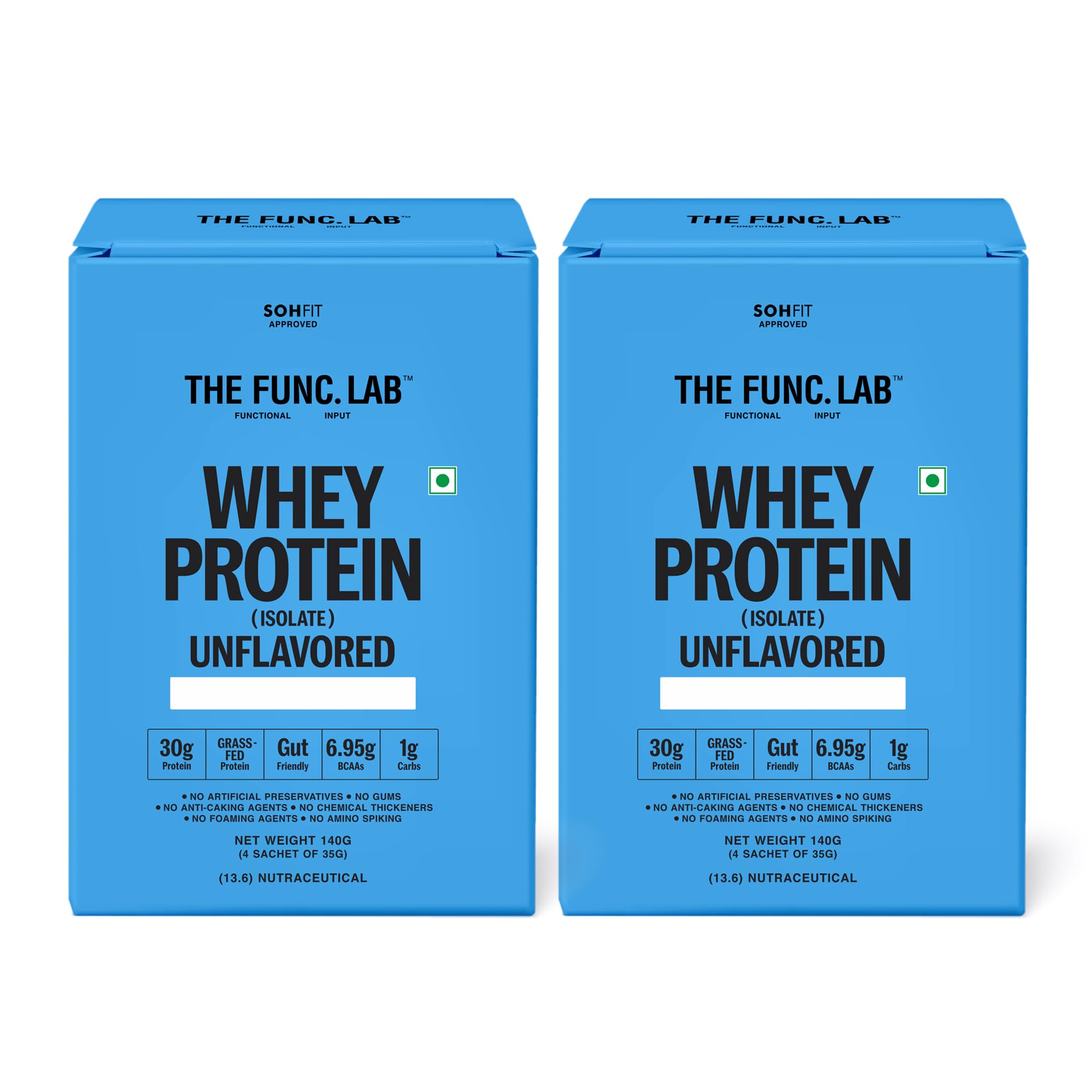 The Func. Lab Whey Protein Isolate - Unflavoured Travel Packs | (4 * 35g Sachets) Pack of 2 | Grass‑Fed, 30g Protein per Scoop | High Protein Supplement with Digestive Enzymes for better Absorption