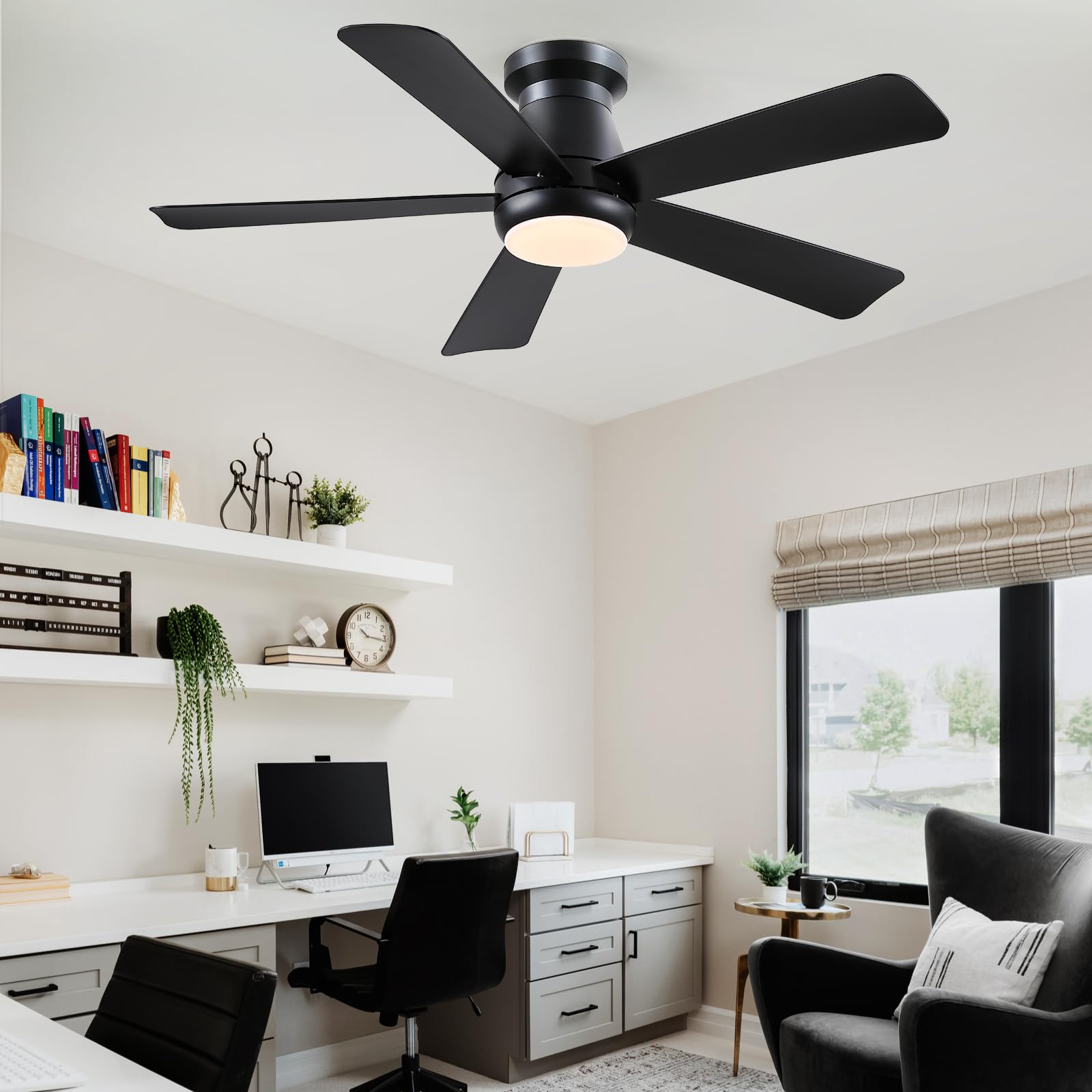 Kviflon 117 cm Ventilateur de Plafond Silencieux avec Éclairage LED, Moteur DC Basse Consommation à 6 Vitesses, Montage Affleurant (Flush Mount), 5 Pales ABS, Télécommande, Réversible Été/Hiver, Noir