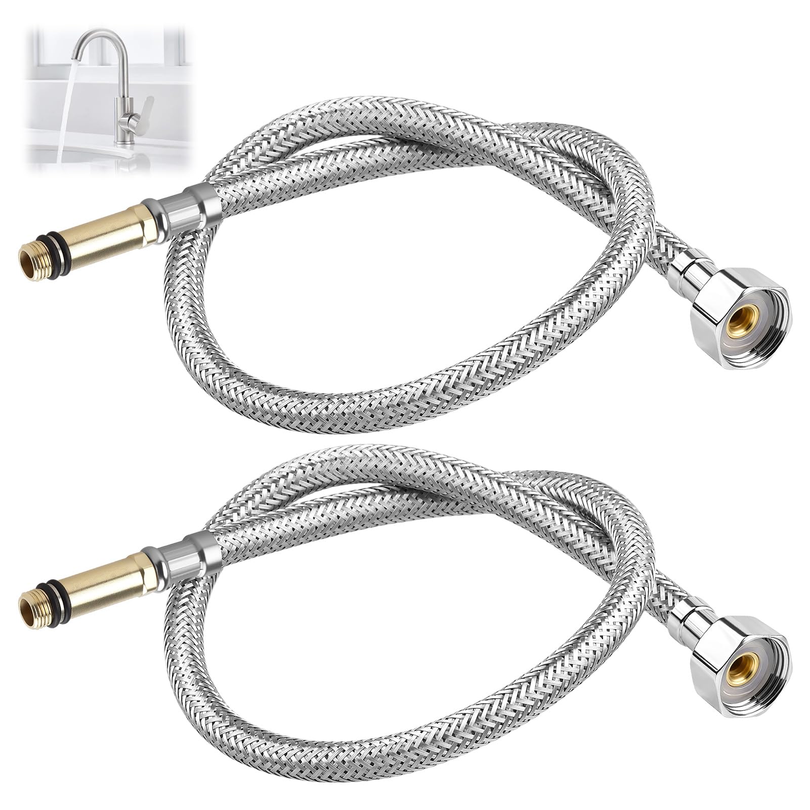 2PCS Flexible Tap Connectors, M10 x 1/2 BSP(600mm) Flexi Pipe Tails, Sliver