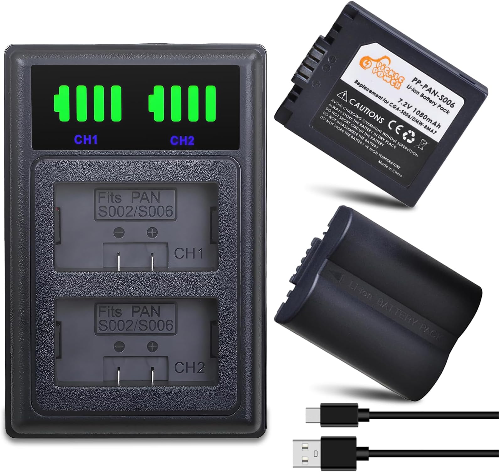 Pickle Power CGA-S006 CGA-S006E CGR-S006a DMW-BMA7 Battery and LED Dual Charger for Panasonic Lumix DMC-FZ7 DMC-FZ8 DMC-FZ18 DMC-FZ28 DMC-FZ30 DMC-FZ35 DMC-FZ38 DMC-FZ50 Digital Camera