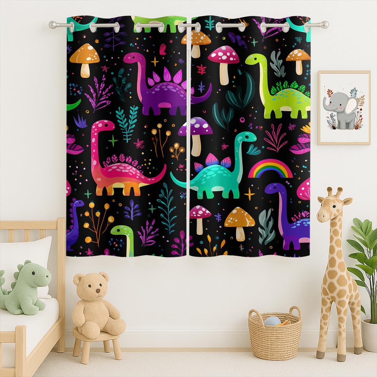 CZROUZ Cartoon Dino Curtain, Neon Dinosaur with Mushroom Fantasy Forest, Grommet Curtains for Nursery Window or Kids’ Bathroom, Set of 2 Panels, 42 x 45 Inch, Thermal Insulated Darkening Drapes