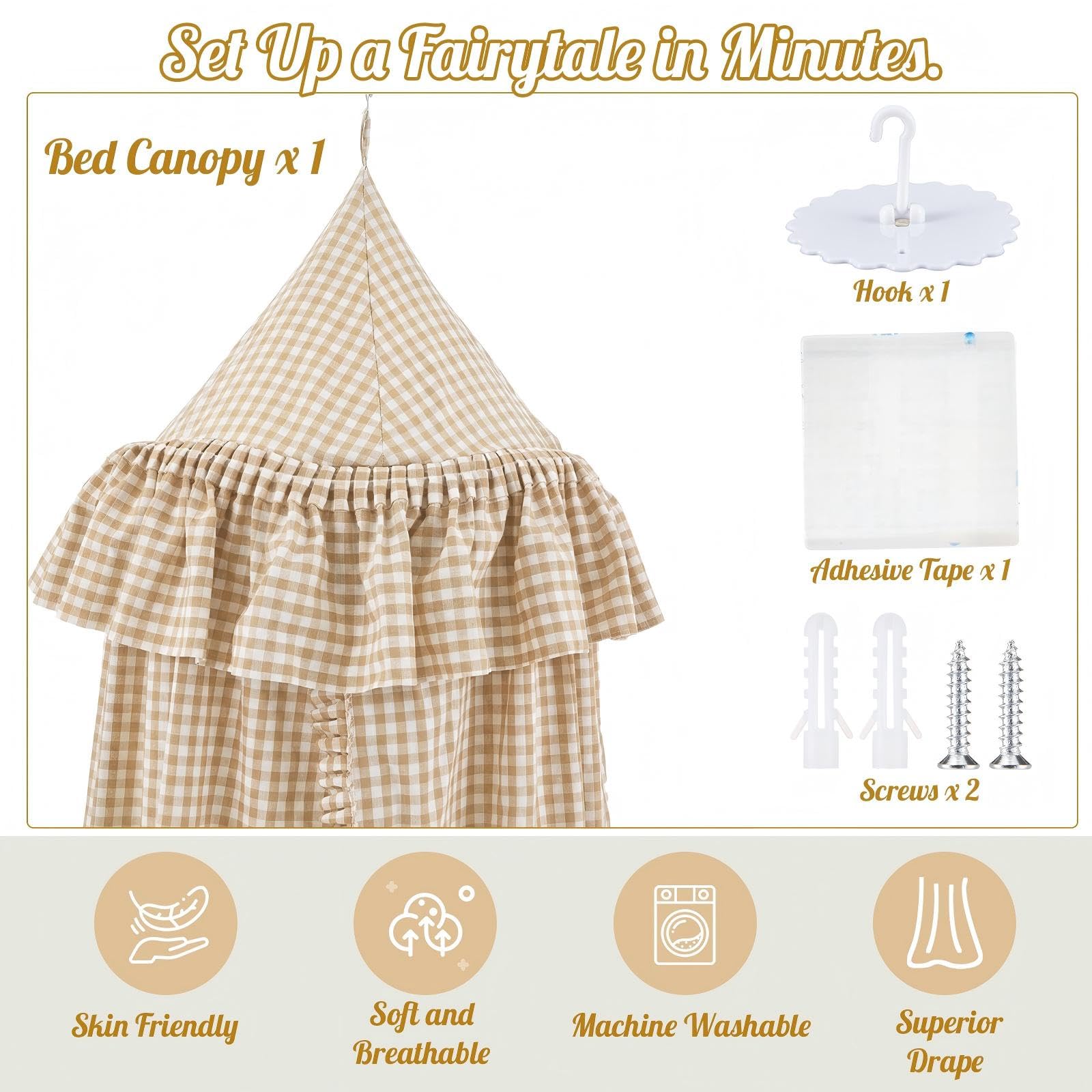 SmoothNovelty Gingham Plaid Bed Canopy with Ruffles Soft Vintage Style Decorative Tent for Reading Nook Play Area or Adult Bedroom Circus Tent Canopy(Beige) — view 3