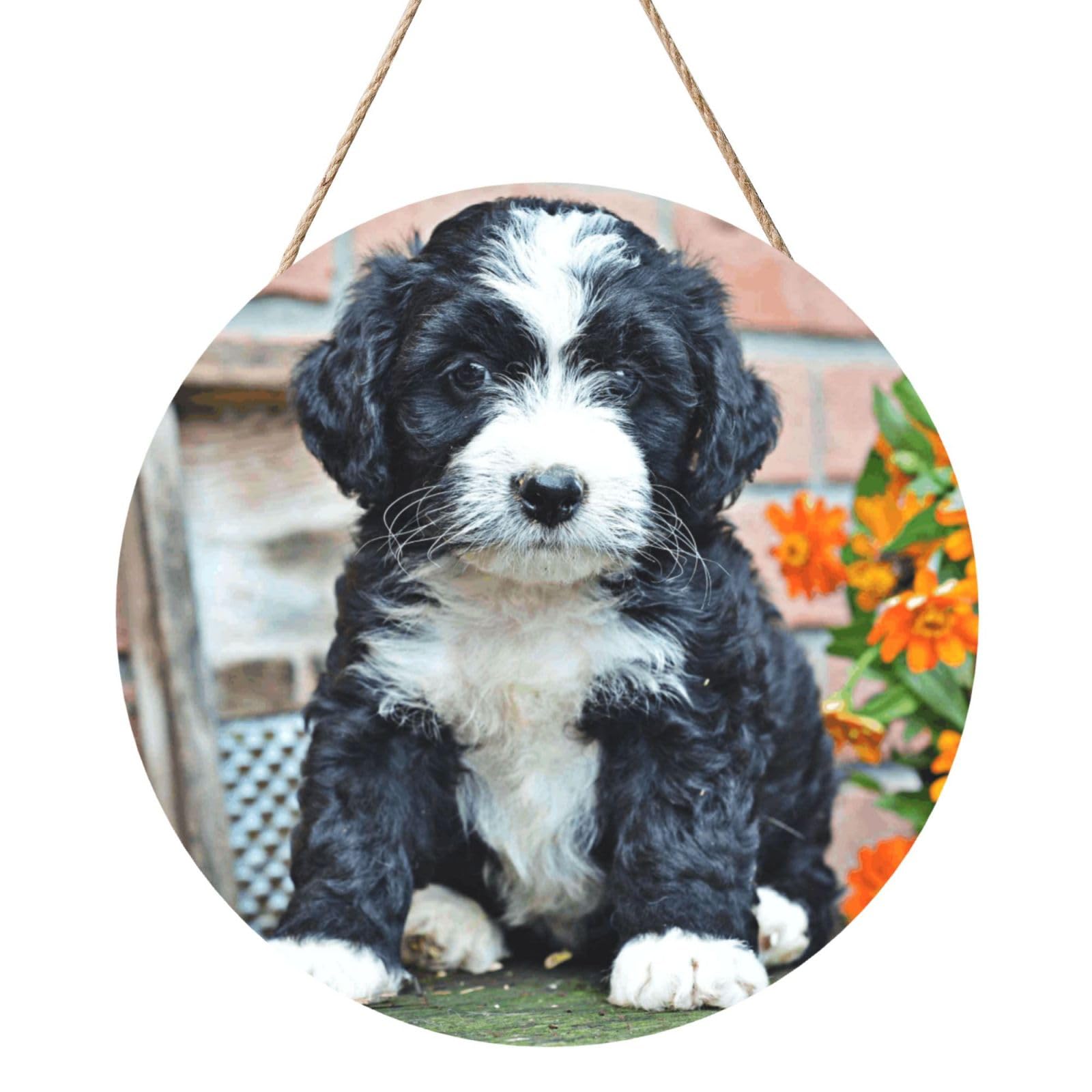 InOmak Bernedoodle Flowers Puppy Pets Dogs Bernedoodle, Round Wood Panel Painting 12 in, Wall Hanging Painting For Home