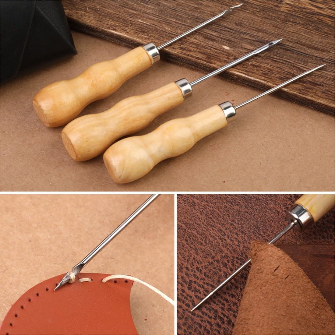 Set 3 Punteruoli Con Manico In Legno Per Cuoio E Cucito A Mano - Ideali Per Riparazioni Fai Da Te - Foto 7