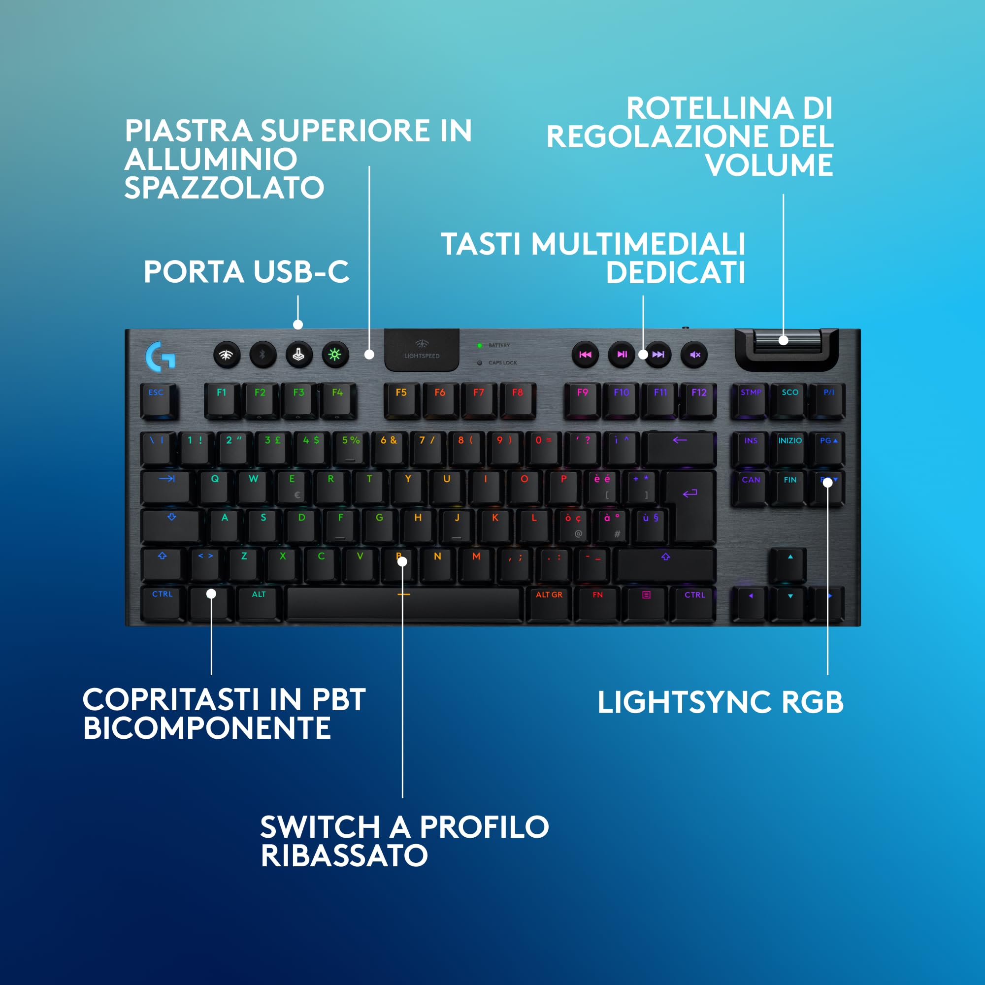 Logitech G G915 X LIGHTSPEED TKL Tastiera gaming wireless a profilo ribassato, copritasti in PBT bicomponente, tasti completamente programmabili, GL Brown Tactile - PC/Mac, ITA QWERTY Layout - Nero