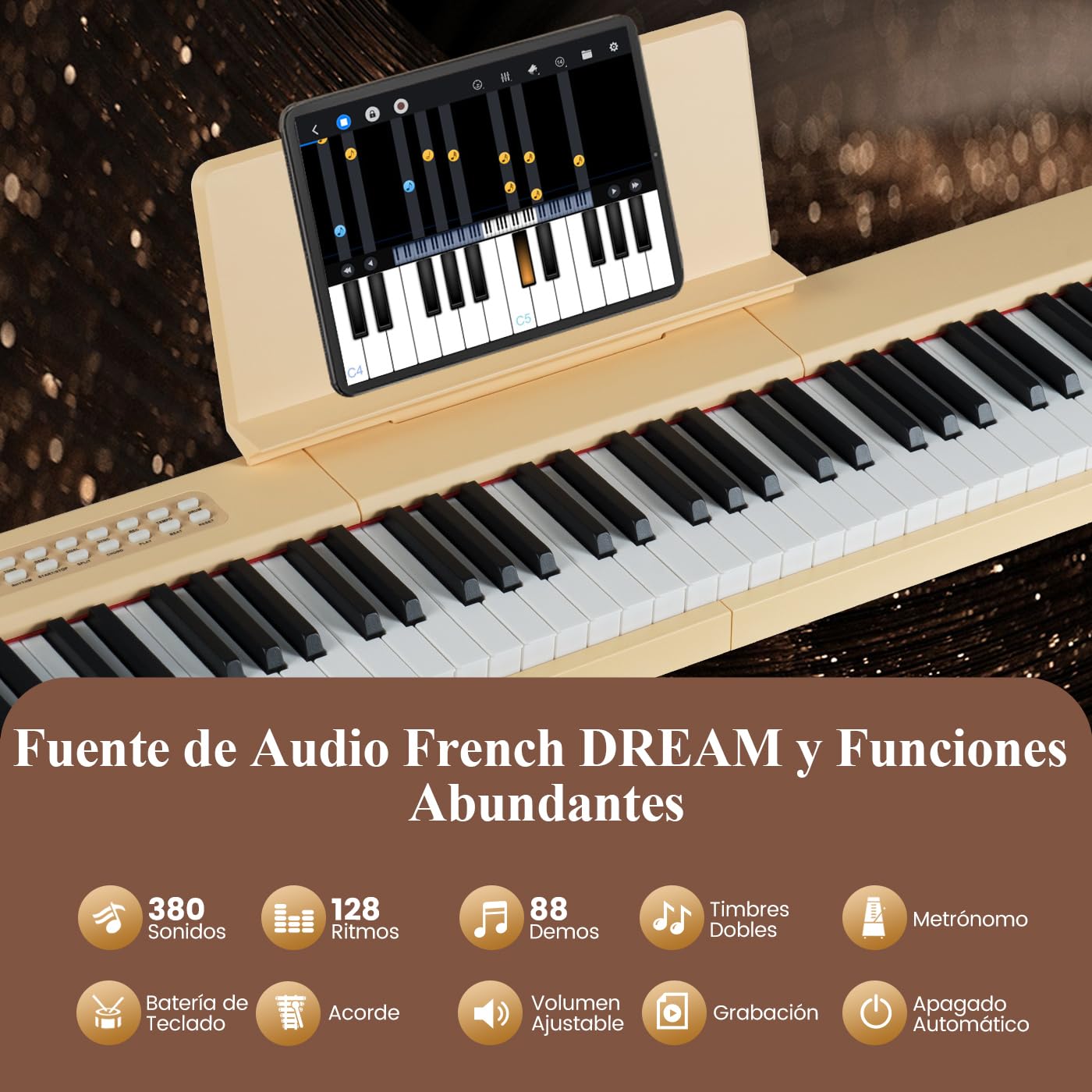 COSTWAY Teclado Plegable de 88 Teclas, Piano Eléctrico Portátil Sensible a la Velocidad, Piano Digital de Tamaño Completo, MIDI, Pedal de Sostenido, Soporte para Música y Bolsa de Transporte (Natural)