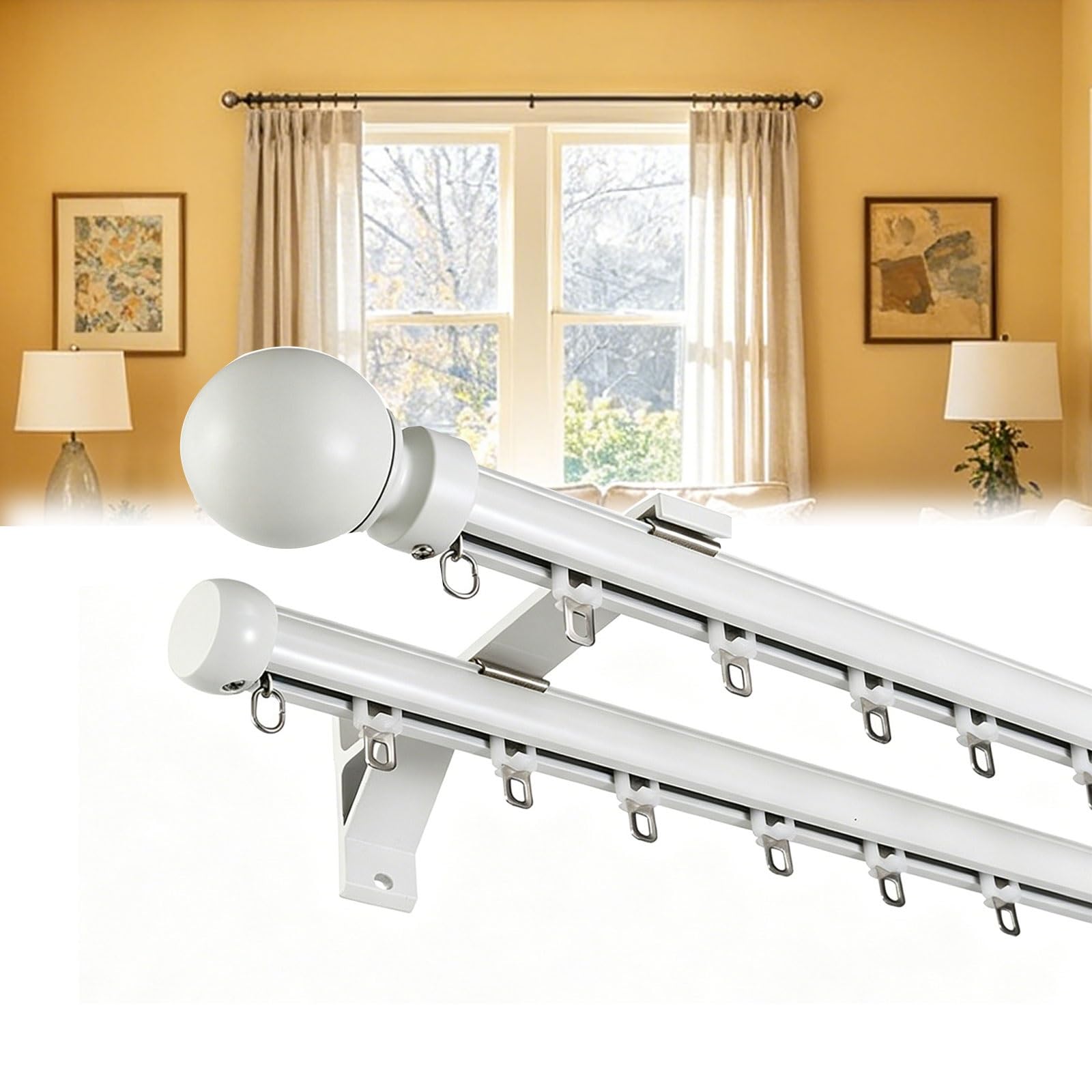Jixcjhj White Double Curtain Rods Tracks For Windows Heavy Duty Slilent Rod Rails With Aluminum Alloy Brackets Easy Install For Bedroom/Living Room/Window/Hotel(,2.7M/8.9Ft)