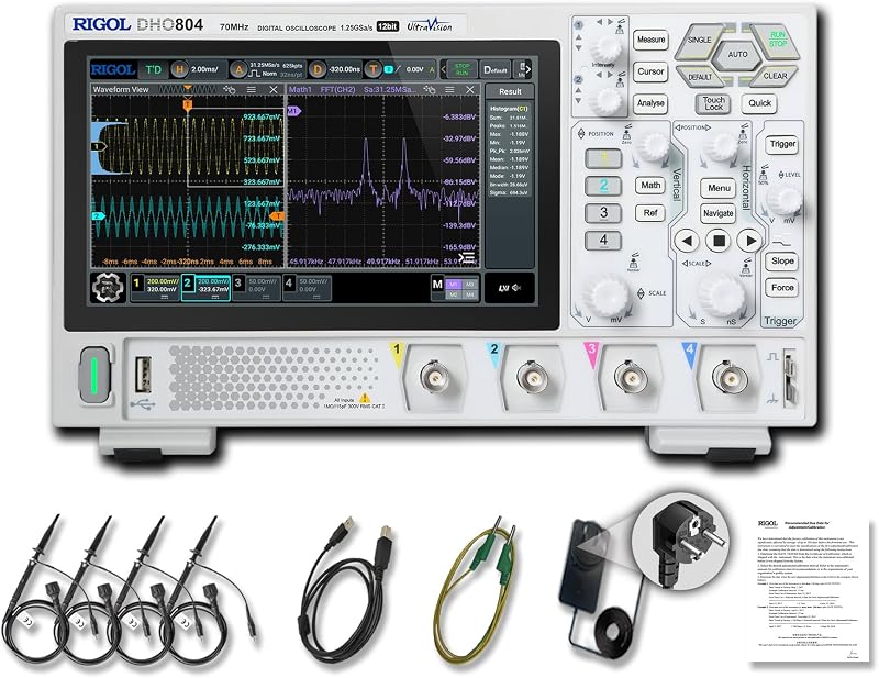 RIGOL DHO804 Portable Digital Oscilloscope, 70MHz, 4CH, 12-Bit Resolution | 12-bit high resolution, ultra-low noise floor, 7" touch screen, Type-C power, compact portable design for lab & field