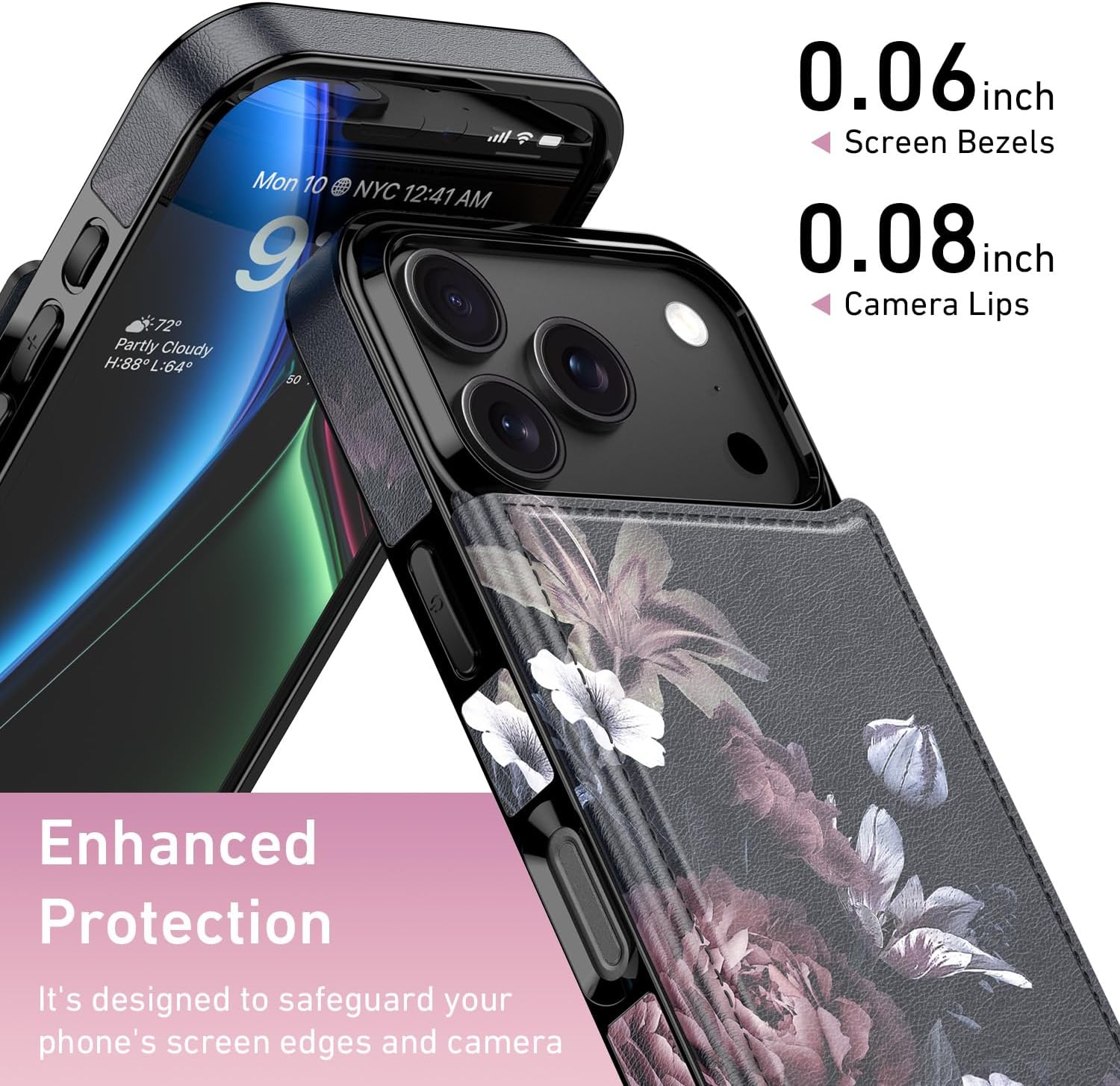 LETO for iPhone 17 Pro Wallet Case with Card Holder - Flip Folio Leather Kickstand - Fashionable Flower Designs - Shockproof Protective Phone Cover for Women and Girls - Wine RED Flowers - Image 3