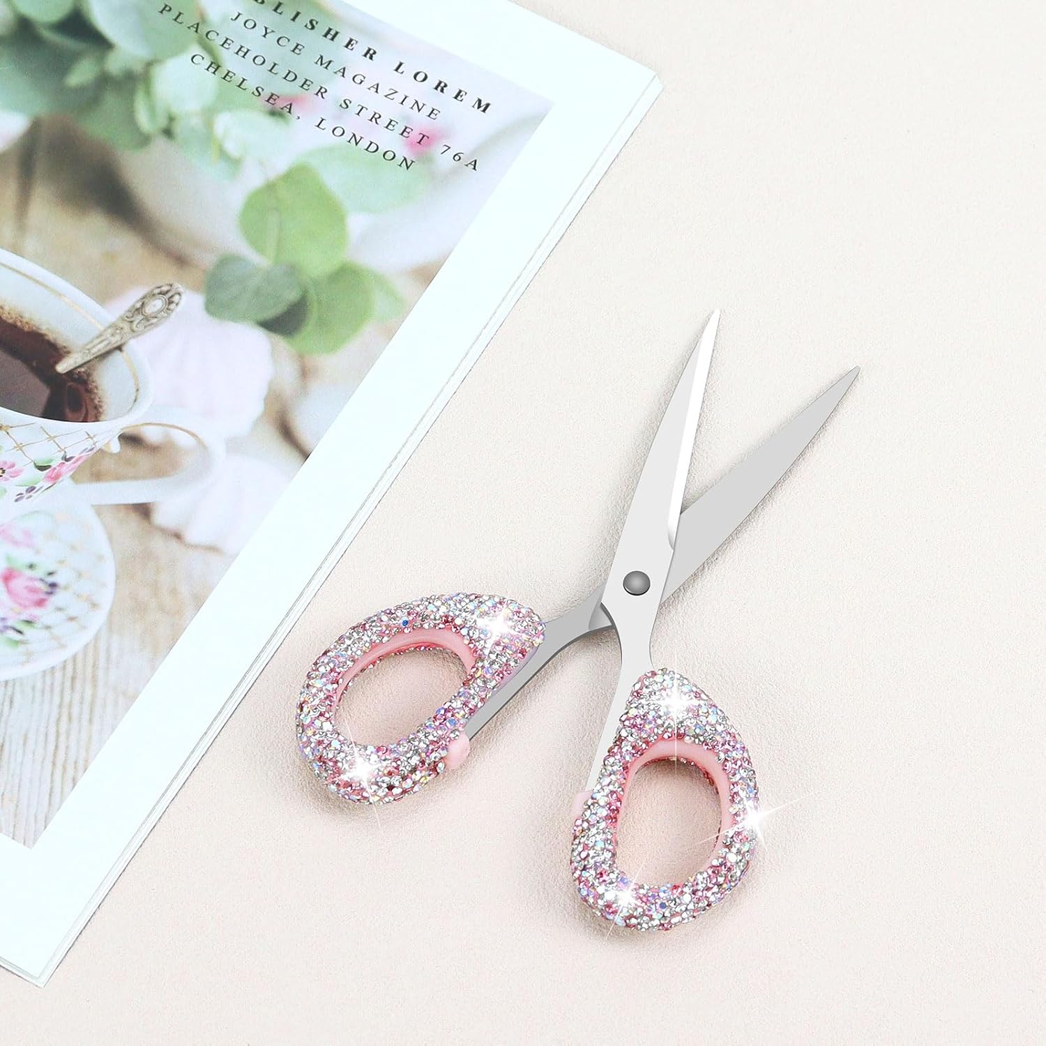 Koqye 6.3-Inch Pink Rhinestone Scissors - Stainless Steel Cute Scissors for Office, Home & Crafting, Decorative Bling Handle Paper Cutting Tool (Pink)