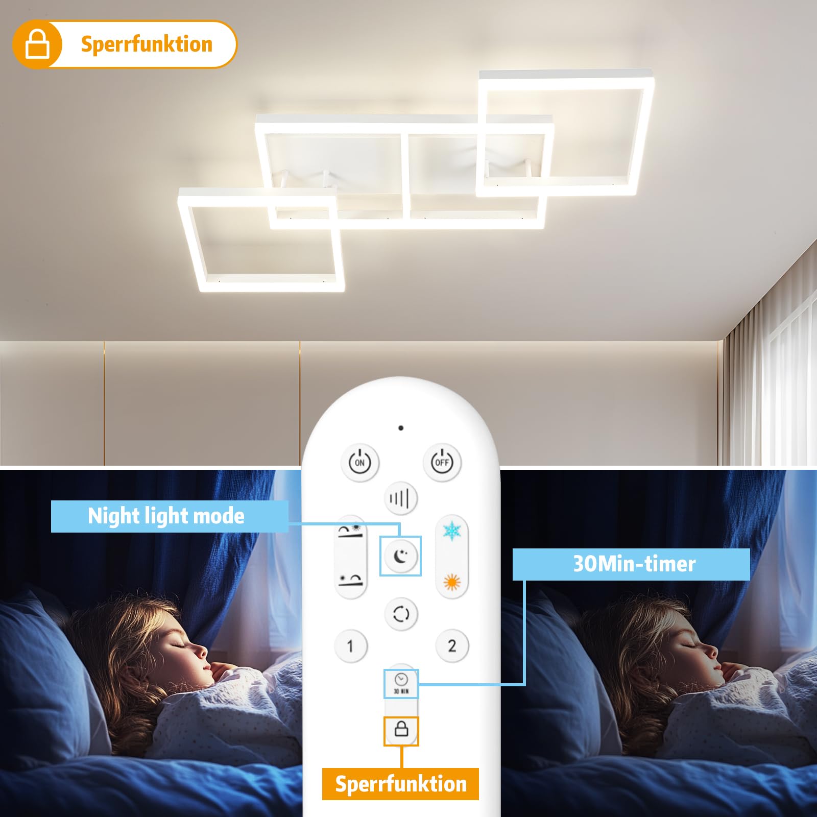 ANTENLICHT LED Deckenleuchte 85CM Dimmbar Wohnzimmer Deckenlampe 75w 7200LM, Wohnzimmerlampe mit Fernbedienung 3000K-6500K, Metall Rechteckige Schlafzimmerlampe Deckenbeleuchtung für Schlafzimmer Büro