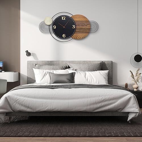 Miniatura 6 de Reloj de pared extra grande, moderno reloj de pared de madera y metal para sala de estar, relojes grandes que funcionan con pilas, reloj colgante