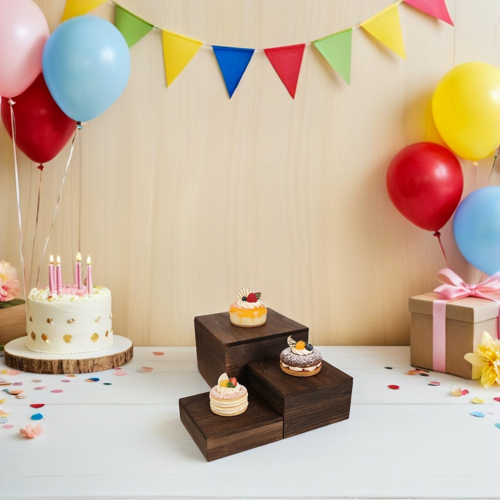Espositore per Torte in Legno Rustico Impilabile 3 Pezzi Caffè