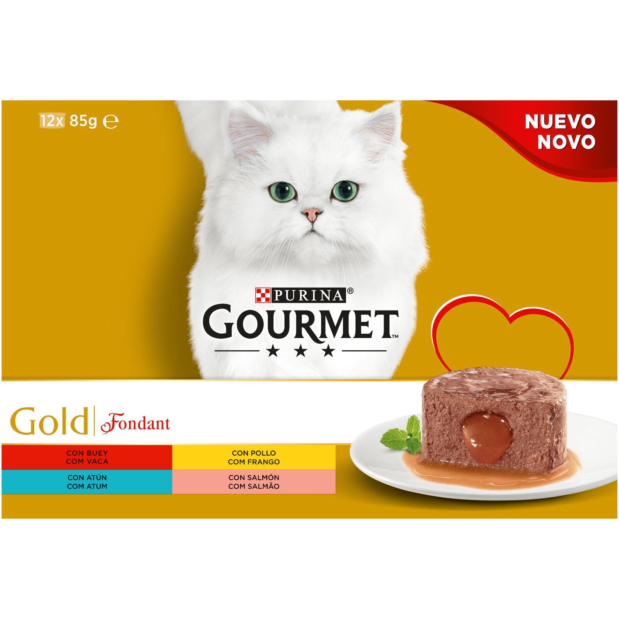 GOURMET Gold Fondant, mokra karma dla dorosłych kotów, mus z sosem, asortyment kurczaka, tuńczyka, wołu i łososia, 8 opakowań po 12 puszek po 85 g (96 puszek)