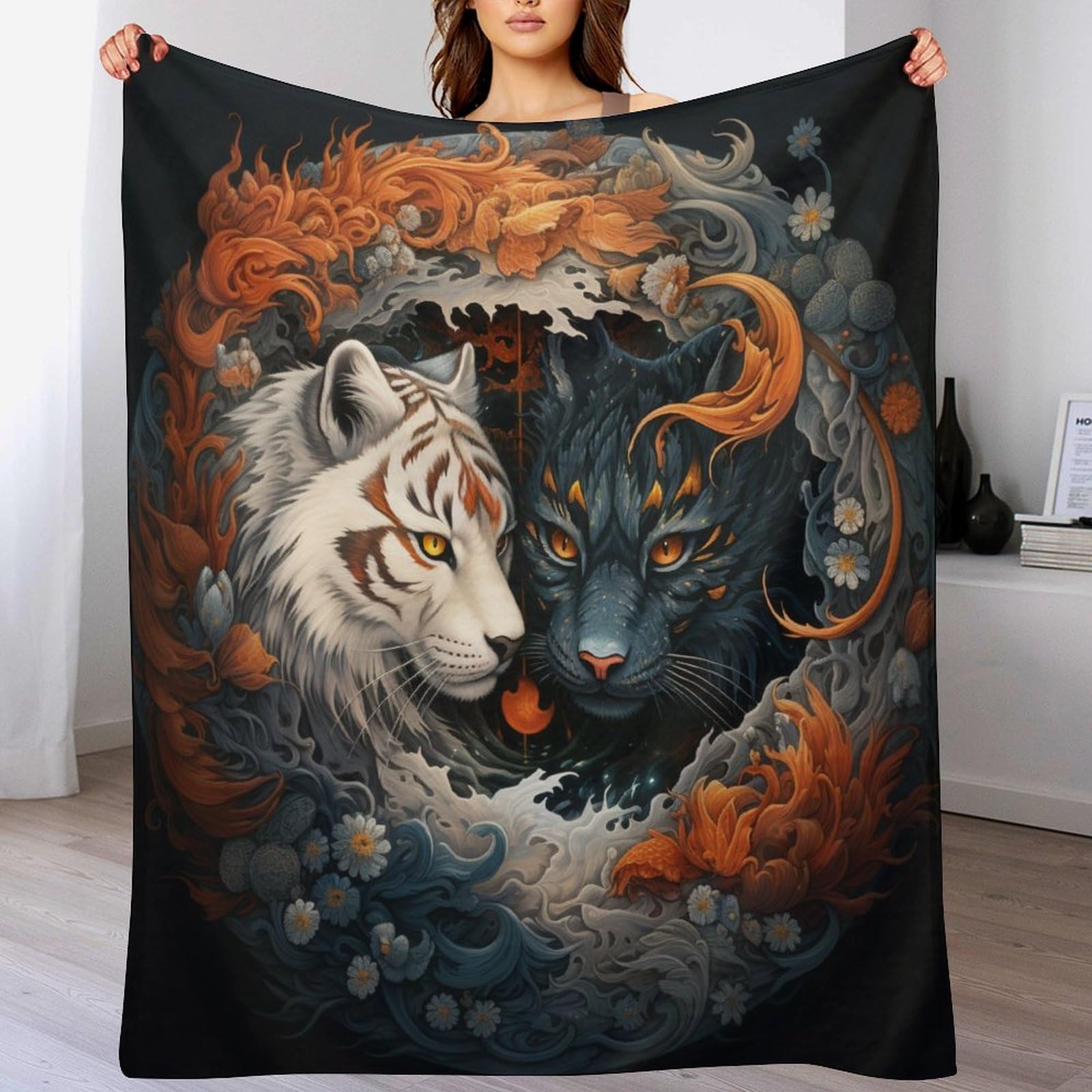 Jeté de lit yin yang tigre couverture flanelle thermique 180x200cm pour hiver