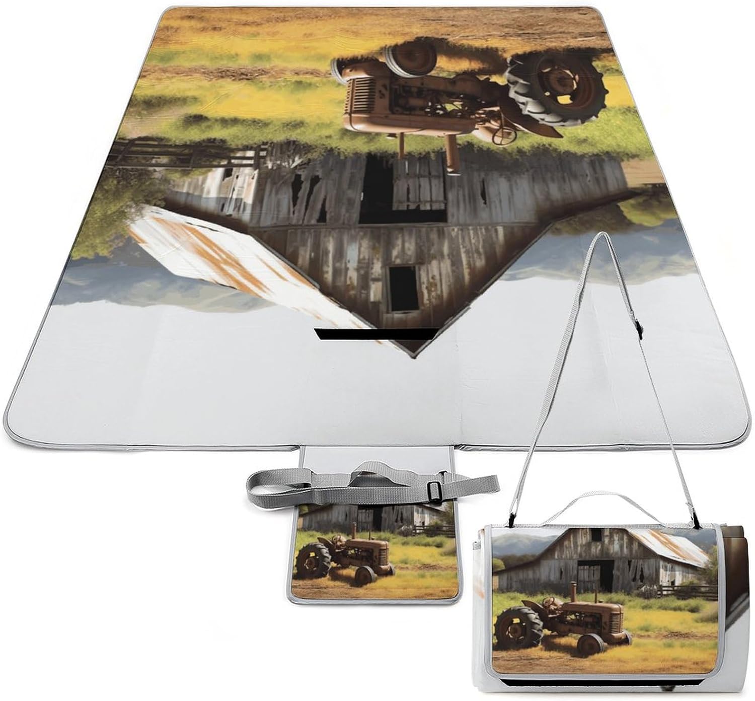 Outdoor Picnic Blanket,Old Wooden Barn with Rusted Tractor Print Picnic Blankets,Large Beach Blanket Sand Free Foldable Portable Camping Blanket