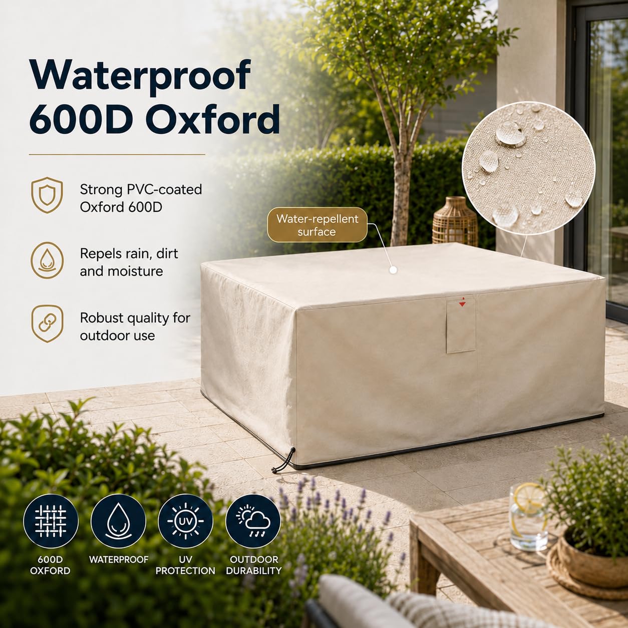 HOME It Garden Pokrowiec na meble ogrodowe 210×155×95 cm - Oxford 600D powlekany PVC, wodoodporny, ochrona UV, 2 otwory wentylacyjne, zamek błyskawiczny i ściągacz, piaskowy