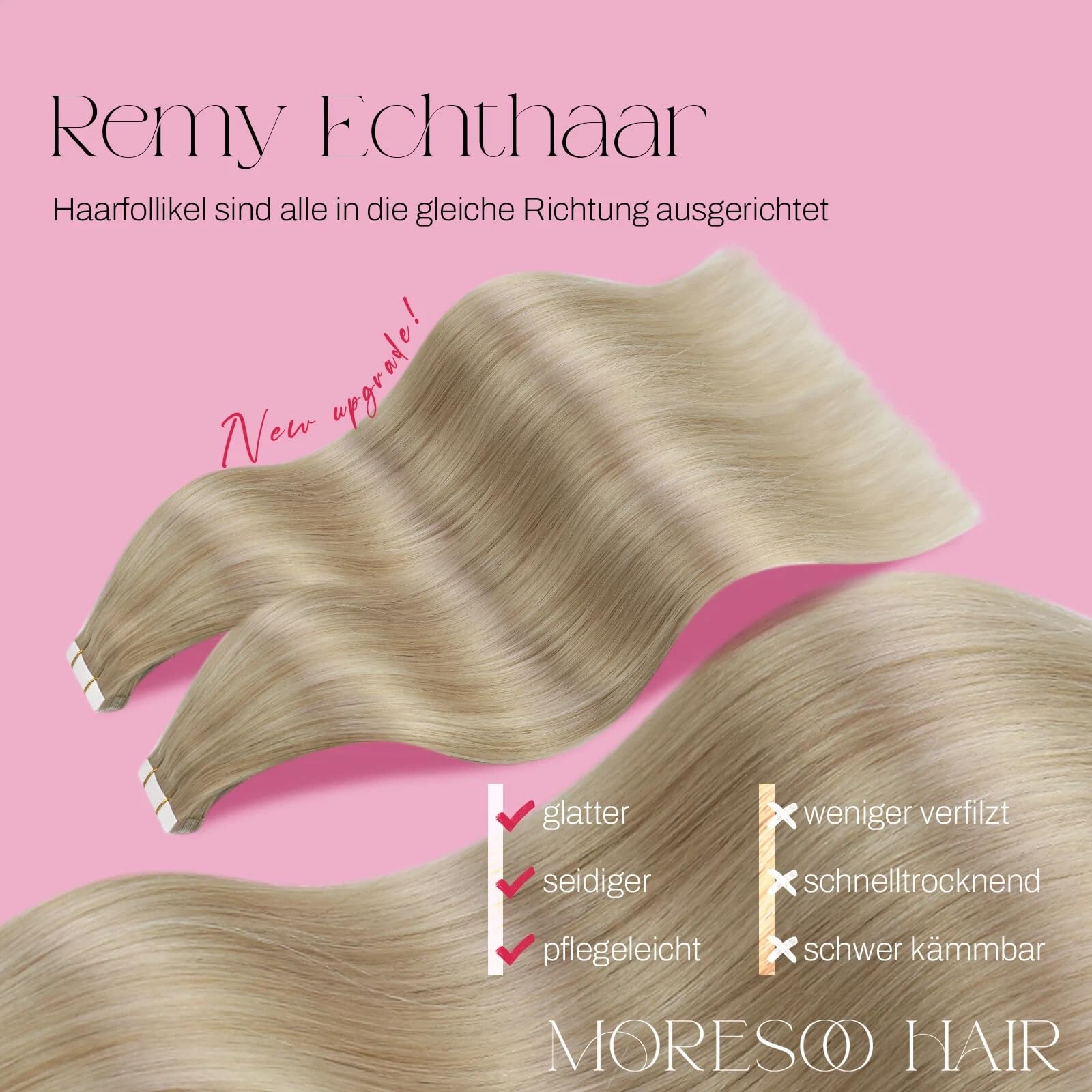 Moresoo Tape Extensions Echthaar Blond 40 cm Haarverlängerung Aschblond Platinblond Remy Unsichtbar 20 Stück 50 Gramm #18/613 16 Zoll