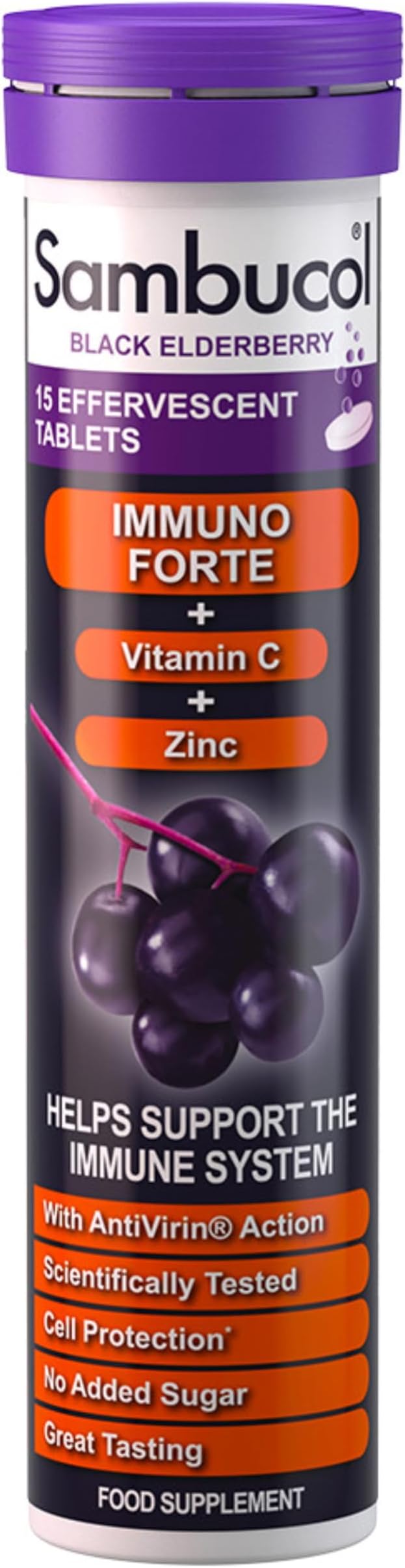 Sambucol Natural Black Elderberry Immuno Forte Effervescent Tablets | Vitamin C | Zinc | Immune System Supplement | 15 Tablets