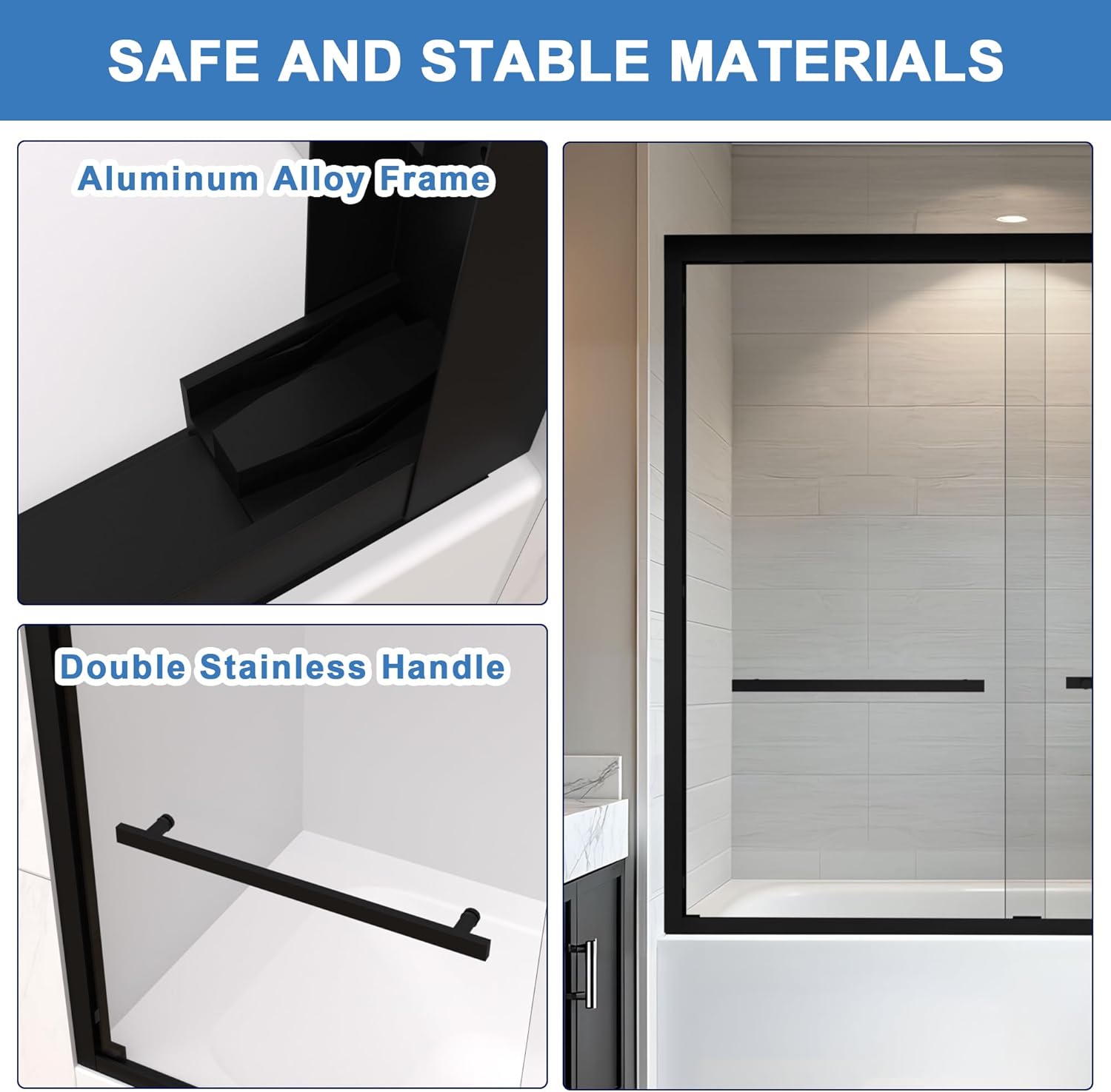 56-60 in.W x 58 in.H Semi-Frameless Double Sliding Tub Door with 1/4" (6mm) Clear Tempered Glass, Bypass Bathtub Door in Modern, Stainless Steel, Matte Black