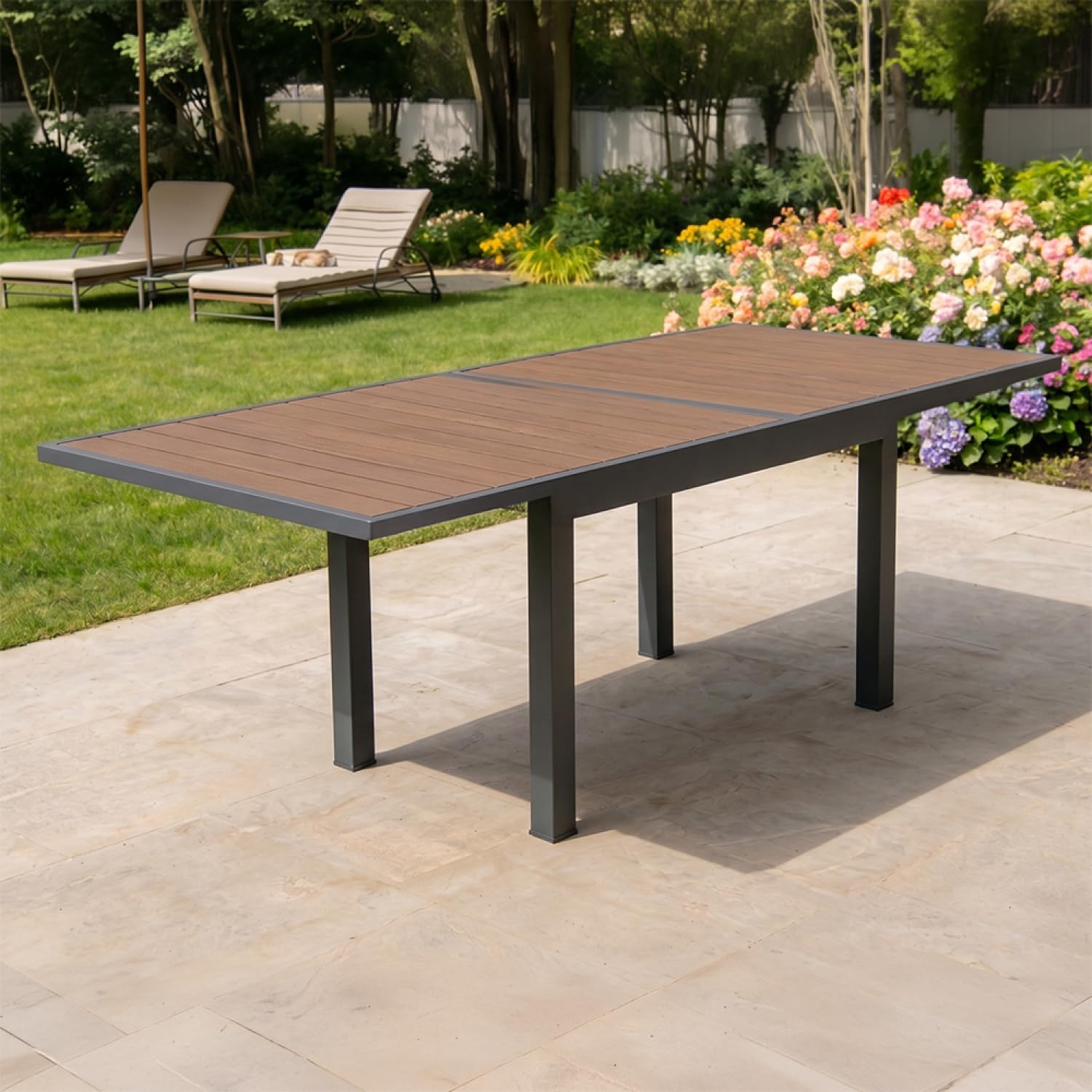 Concepto de fábrica mesa de jardín extensible Nido aluminio y madera 8 plazas | PASO DE 90 A 180 CM RÁPIDO: Bandeja eucalipto certificada FSC, estructura ligera anticorrosión